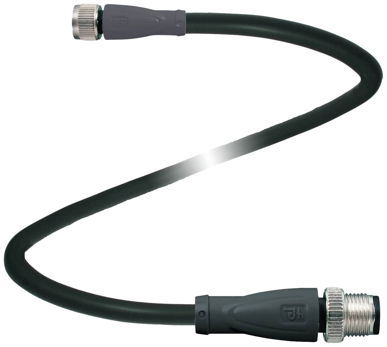 Schwarzer flexibler Kabeladapter mit Metallsteckern an beiden Enden, geeignet für elektronische Verbindungen.