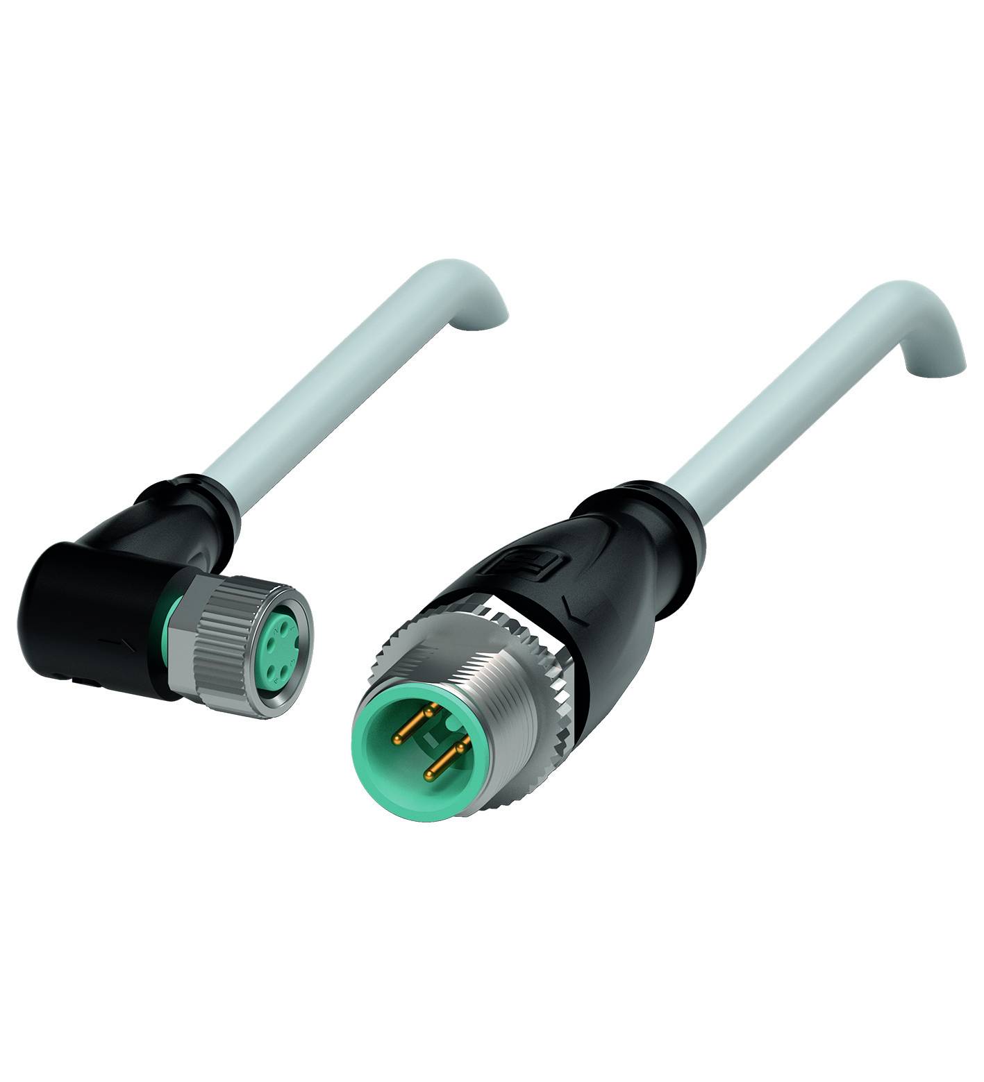 M12-Steckverbinder mit gewinkeltem und geradem Stecker, jeweils mit grünem Gehäuse und Metallgewinde, verbunden durch weiße Kabel.