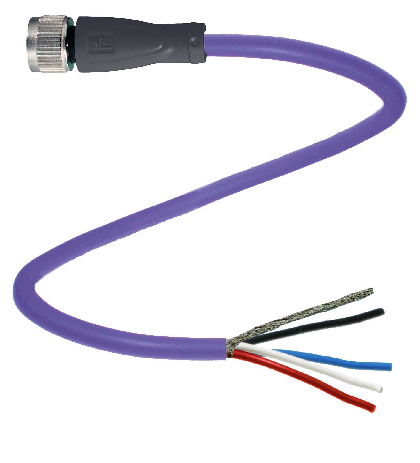 Lila Kabel mit schwarzem Stecker und freiliegenden, farbigen Drähten (rot, blau, weiß, schwarz) am Ende, vor weißem Hintergrund.