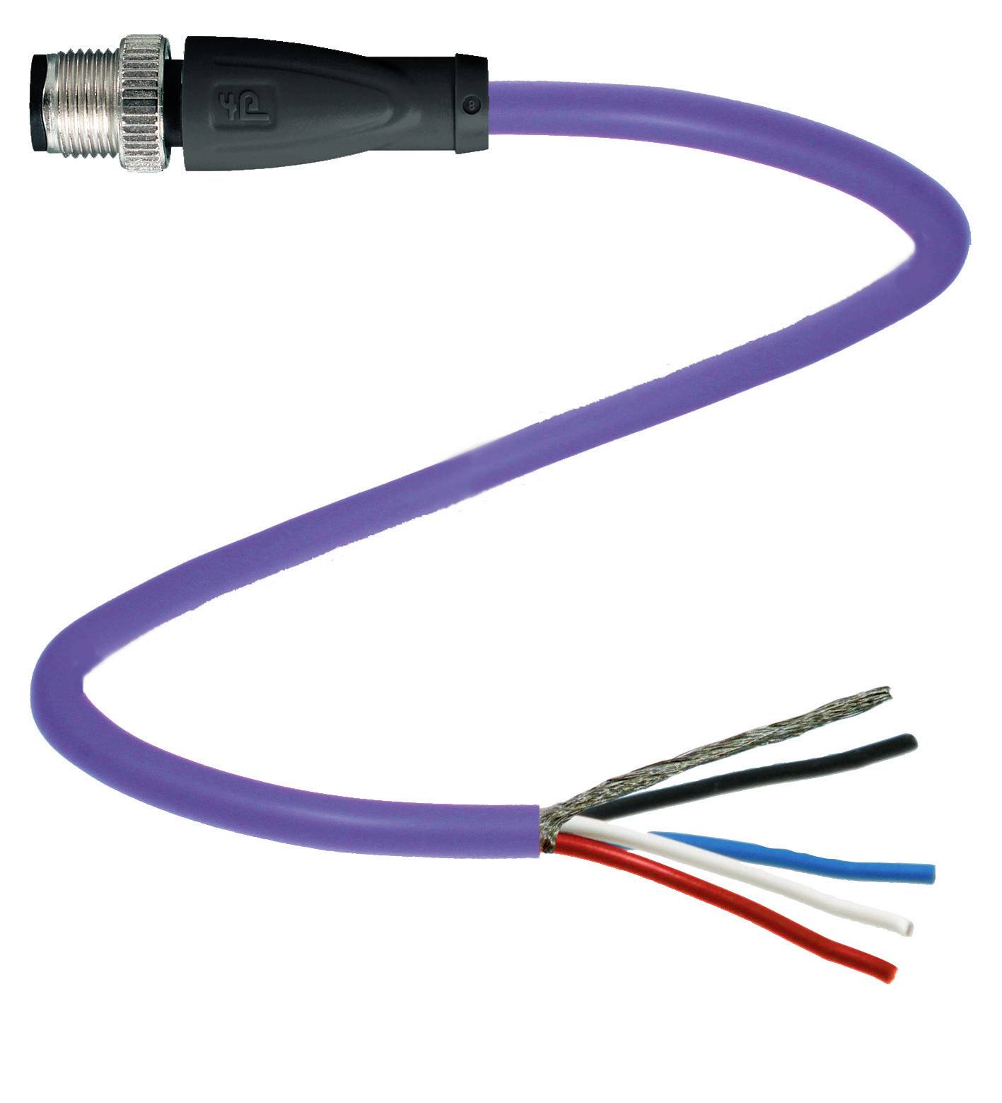 Lila Kabel mit Stecker und vier offenen Drähten in Schwarz, Weiß, Rot und Blau. Geeignet für elektrische Verbindungen und Installationen.