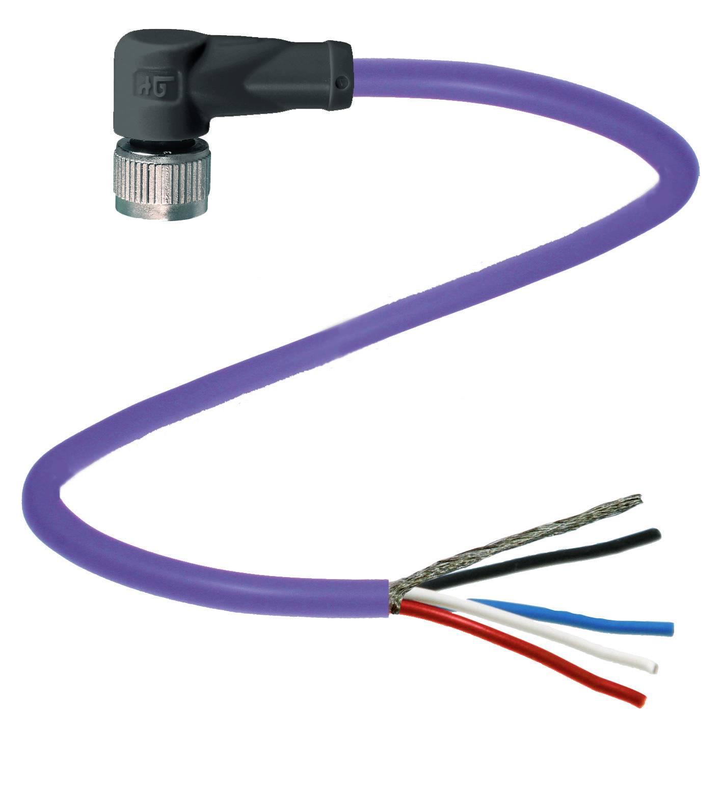 Ein lila Kabel mit einer rechtwinkligen Steckverbindung auf einer Seite und vier abisolierten Drähten (schwarz, weiß, blau, rot) auf der anderen.