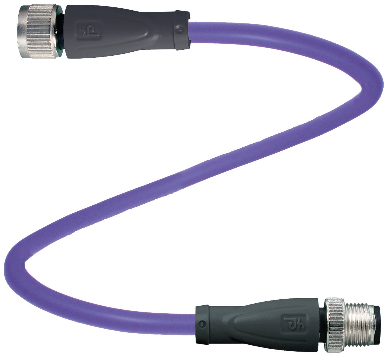 Lila Kabel mit schwarzen Steckern an beiden Enden, geeignet für technische Anwendungen oder Verbindungen.