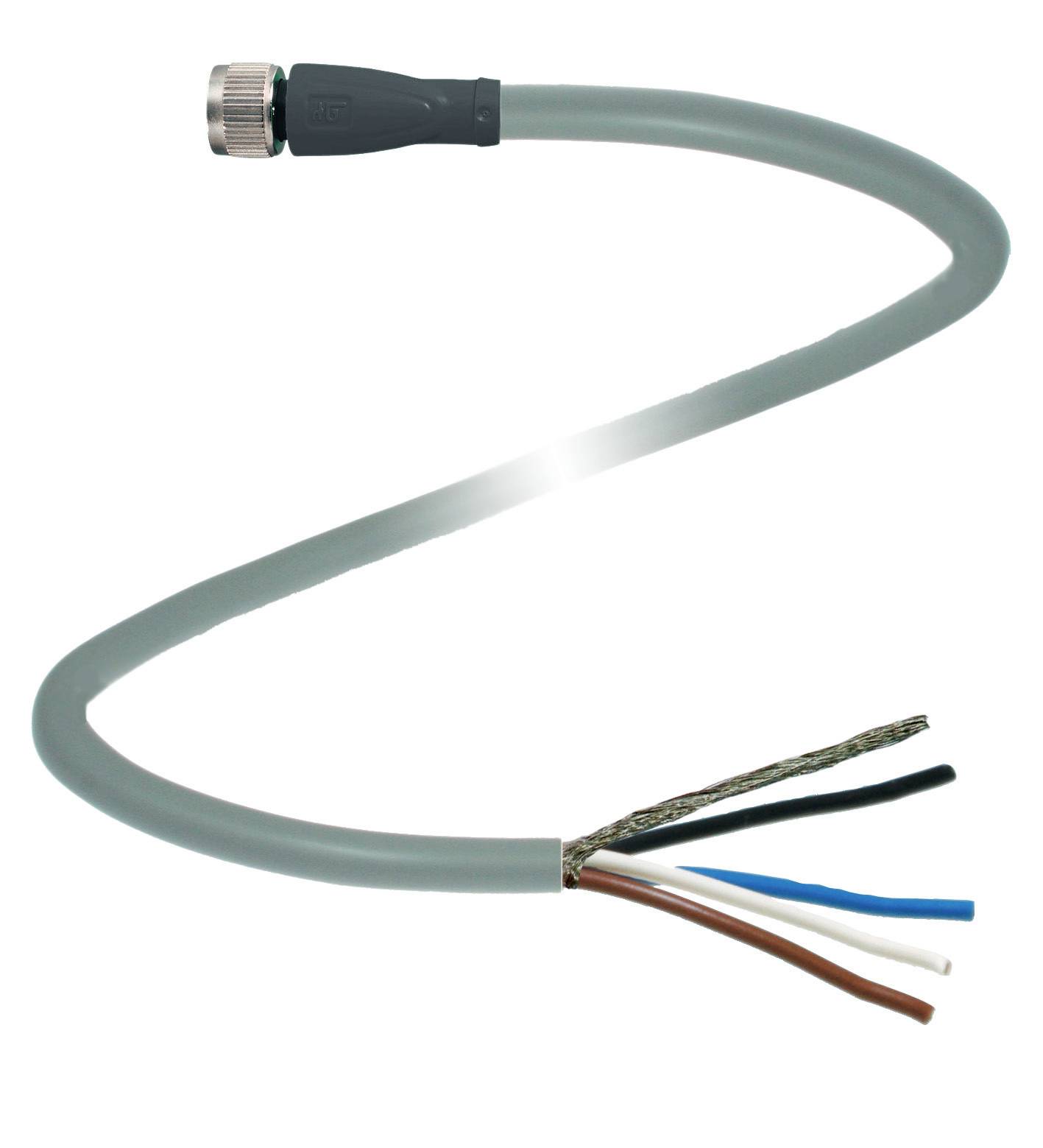 Graues, gebogenes Kabel mit einem Stecker an einem Ende und fünf freiliegenden Drähten in verschiedenen Farben am anderen Ende.