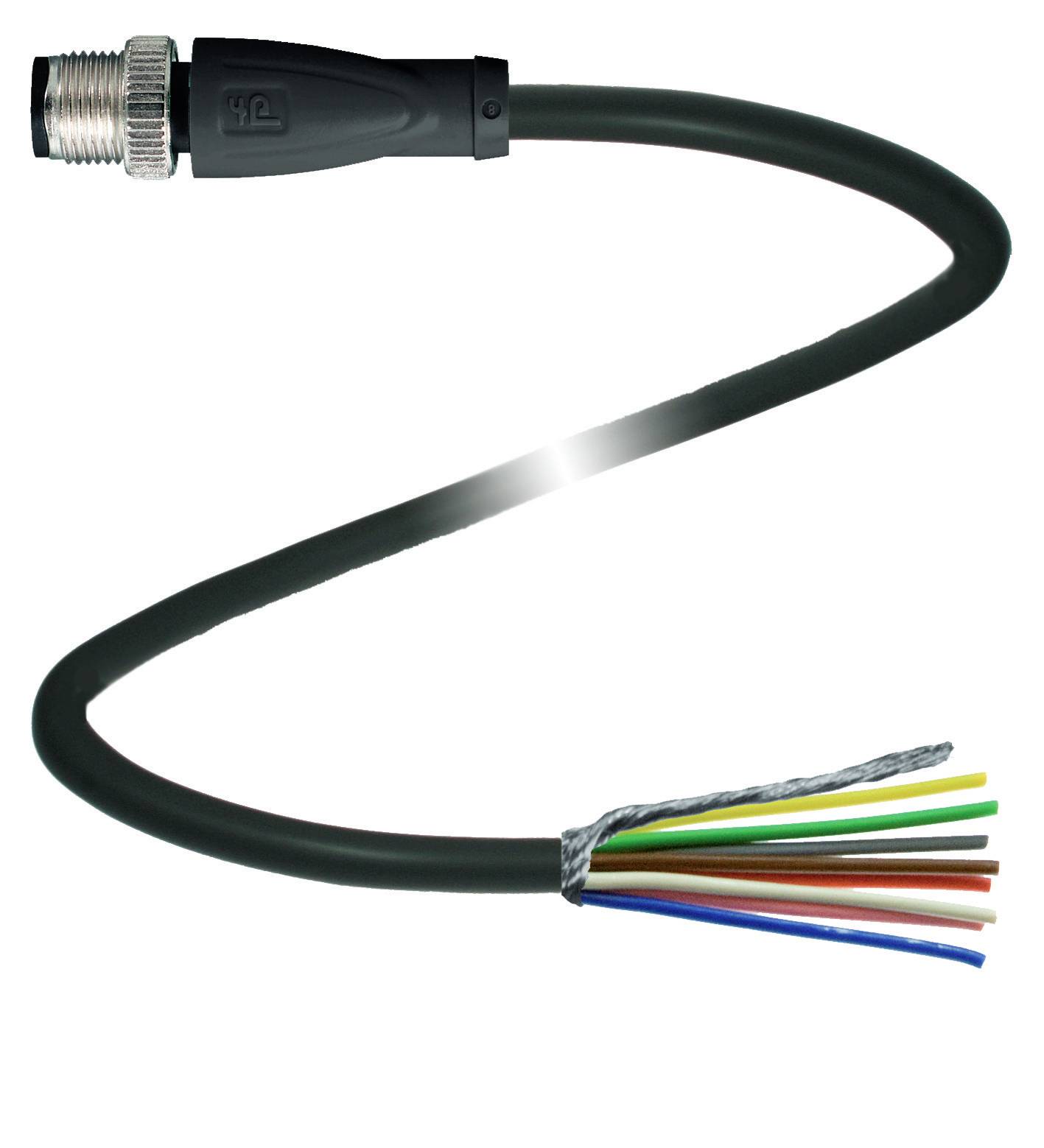 Schwarzes Kabel mit Metallstecker und freiliegenden, farbigen Drähten am anderen Ende, geeignet für elektrische Verbindungen.