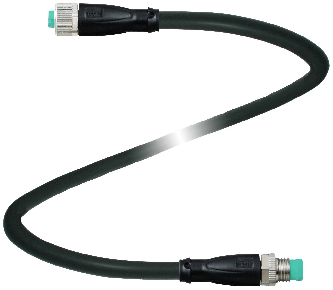 Ein USB-Kabel mit grünen Anschlüssen an beiden Enden ist in einer geschwungenen Form dargestellt.