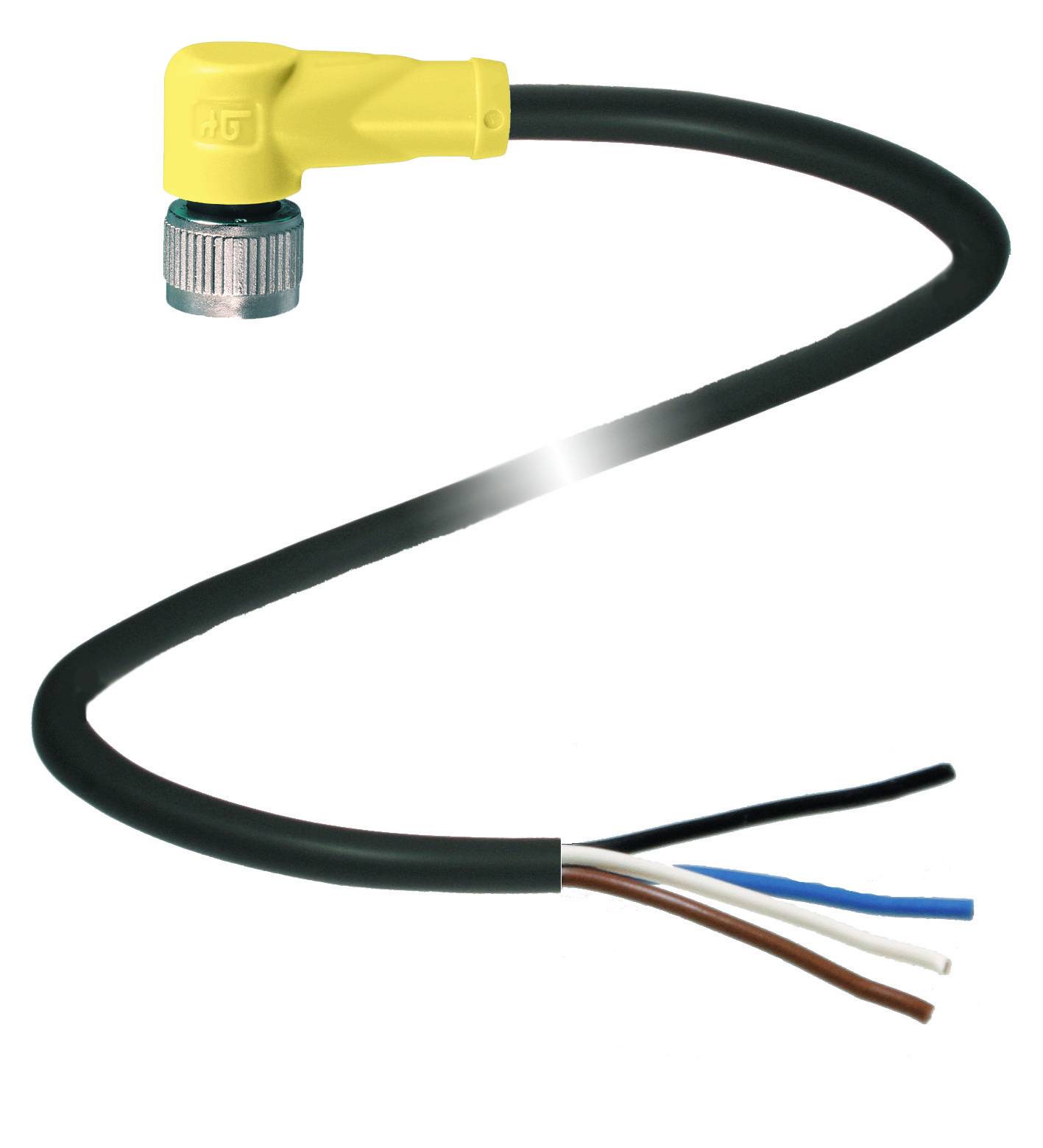 Schwarzes elektrisches Kabel mit gelbem Winkelstecker und vier freiliegenden Drähten: schwarz, braun, blau und weiß.