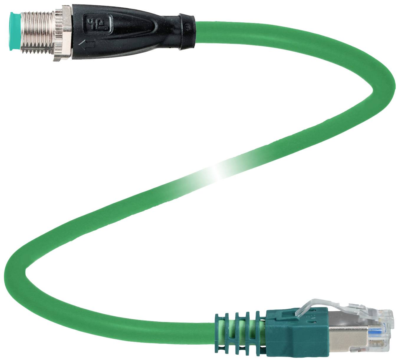 Grünes Ethernet-Kabel mit M12-Stecker links und RJ45-Stecker rechts vor weißem Hintergrund.
