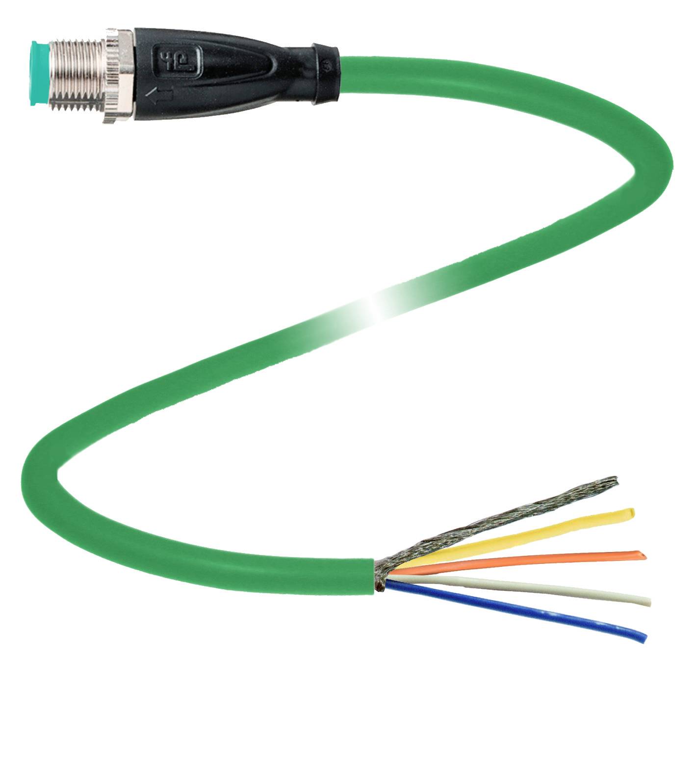 Grünes Kabel mit Metallstecker auf der einen Seite, offene Drahtenden in verschiedenen Farben auf der anderen, für elektrische Verbindungen.