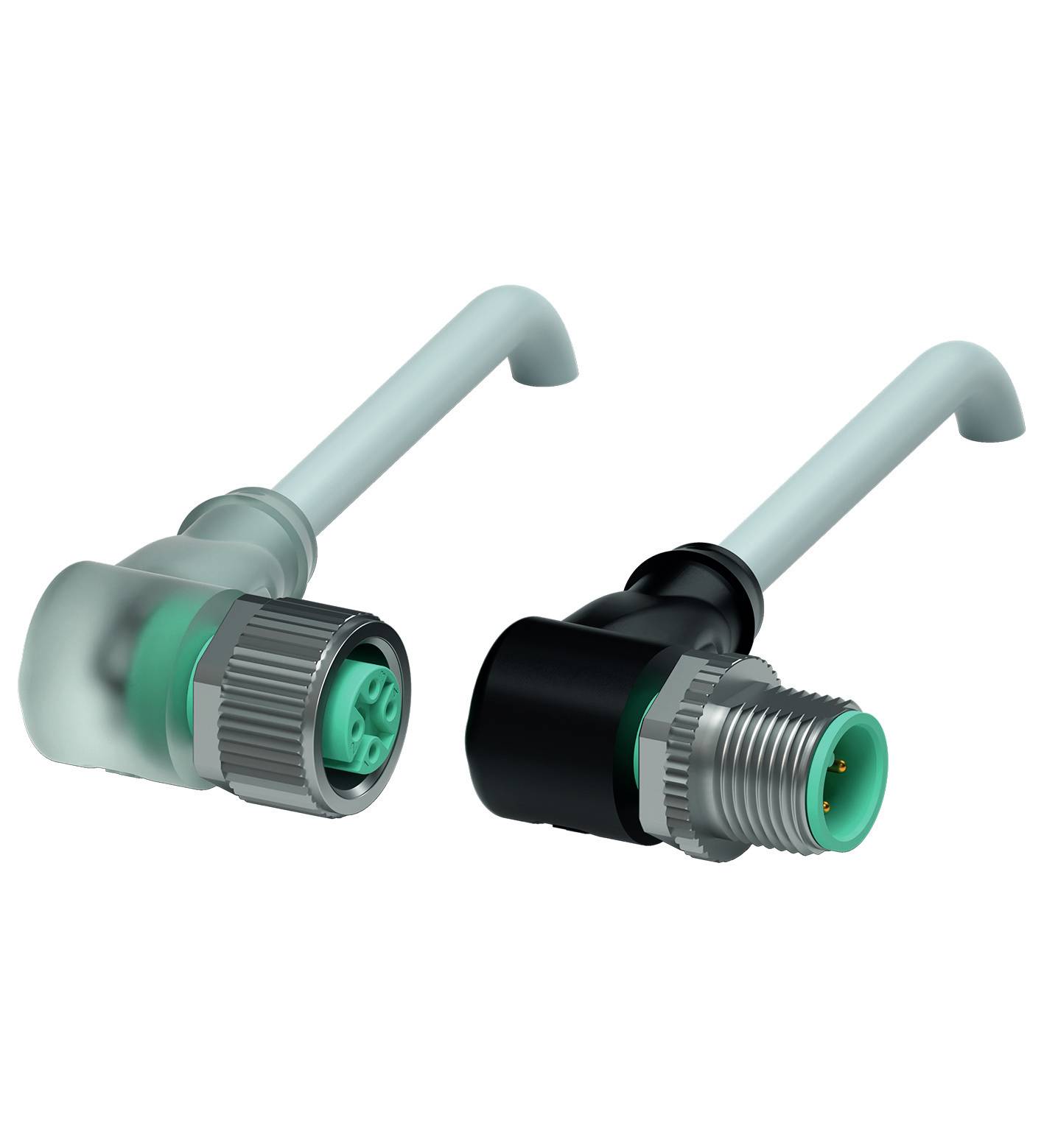 Zwei industrielle Steckverbinder mit elastischen Kabeln, einer mit grüner Buchse und transparenter Abdeckung, der andere mit schwarzer Abdeckung und Metallstecker.