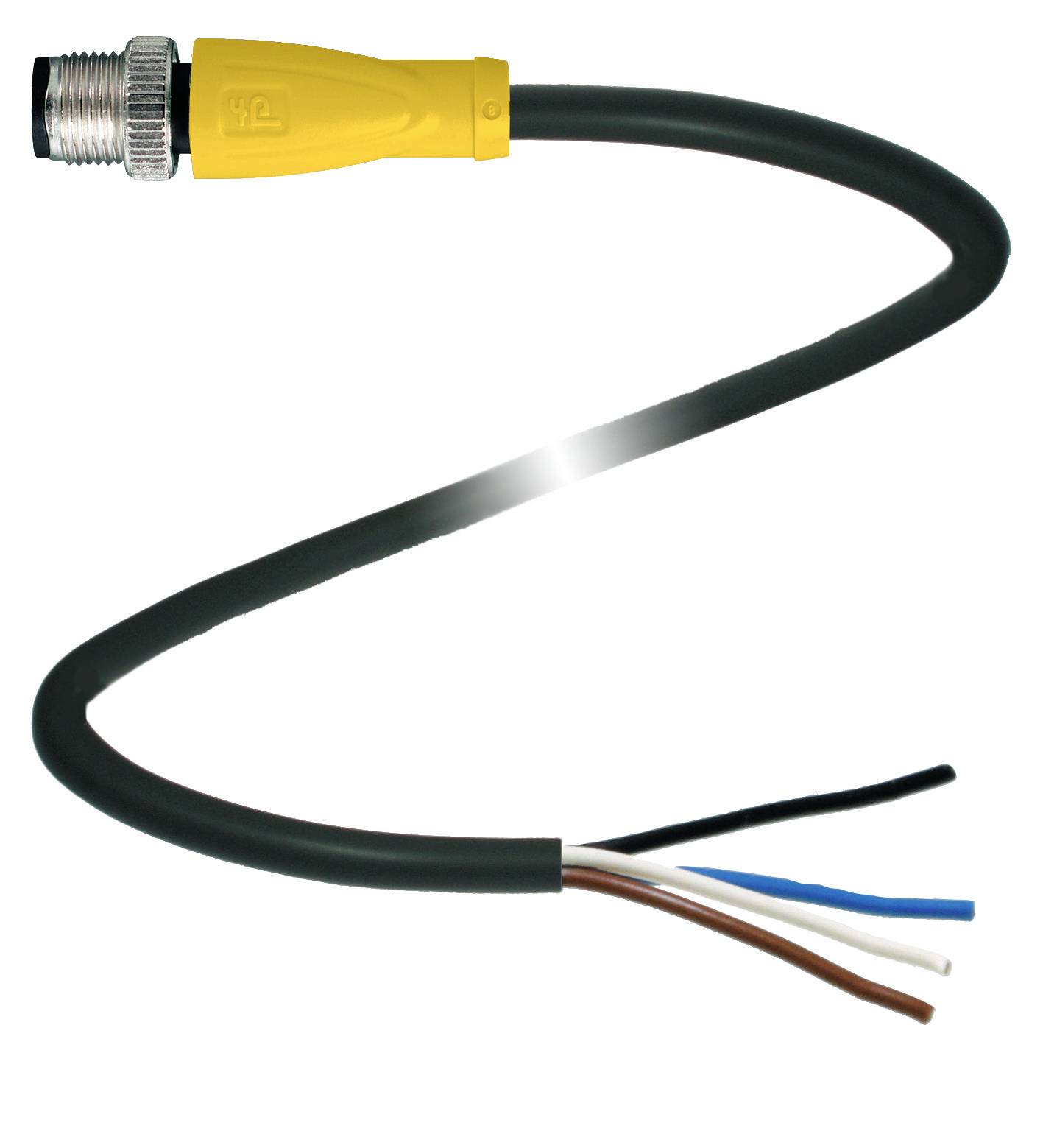 Ein Kabel mit einem gelben Stecker und vier farbigen Adern: schwarz, weiß, blau und braun.