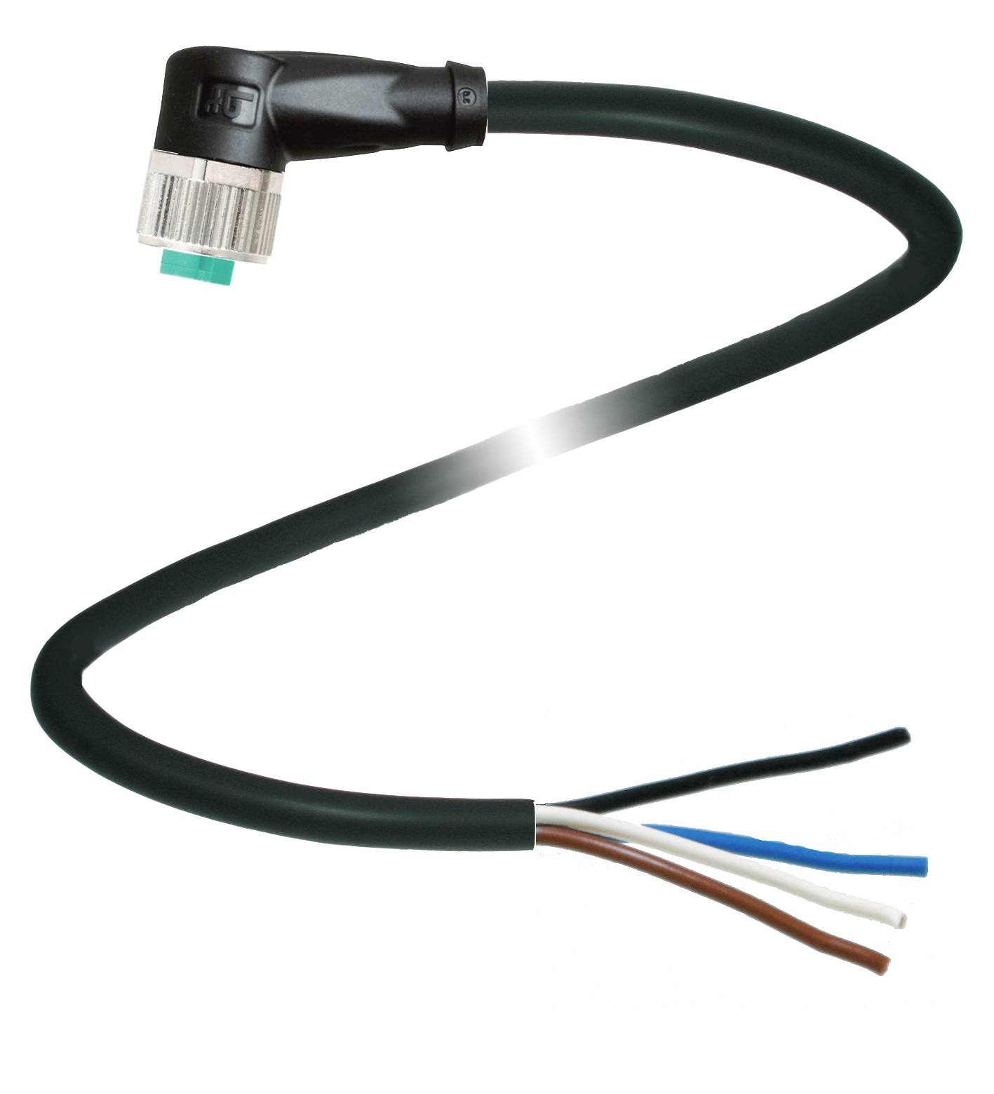 Ein schwarzes Kabel mit einem abgewinkelten Stecker und vier herausragenden Drähten in verschiedenen Farben: grün, braun, blau und schwarz.