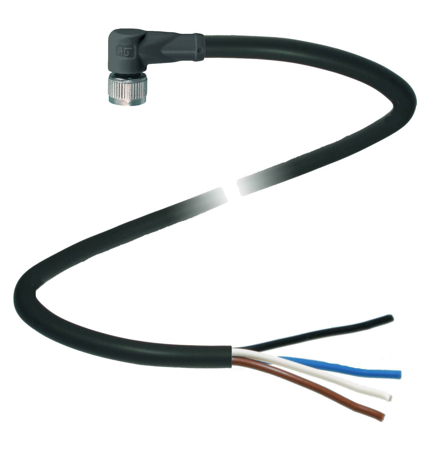 Schwarzes, gebogenes Kabel mit vier farbigen Adern (schwarz, braun, blau, weiß) und einem silbernen Steckverbinder an einem Ende.