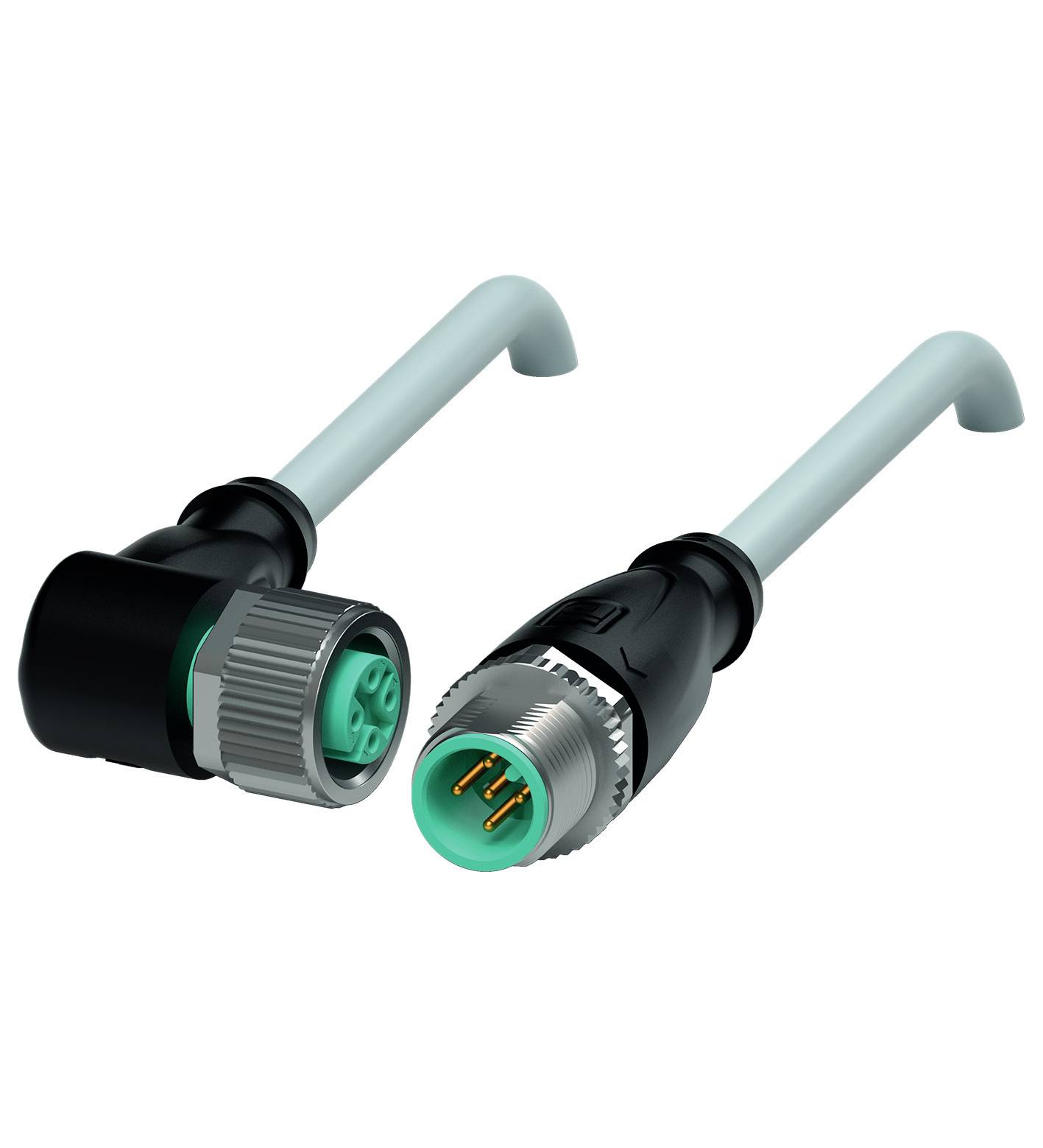 Zwei gewinkelte Steckverbindungen mit grünen und silbernen Enden für elektrische Verkabelung. Links ist eine Buchse, rechts ein Stecker.