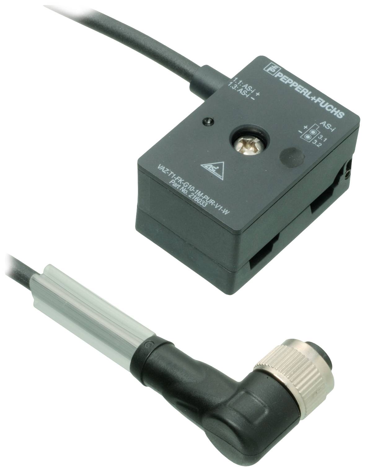 Ein schwarzer elektrischer Sensor mit Kabel von Pepperl+Fuchs, verwendet zur Erkennung oder Messung, auf weißem Hintergrund.