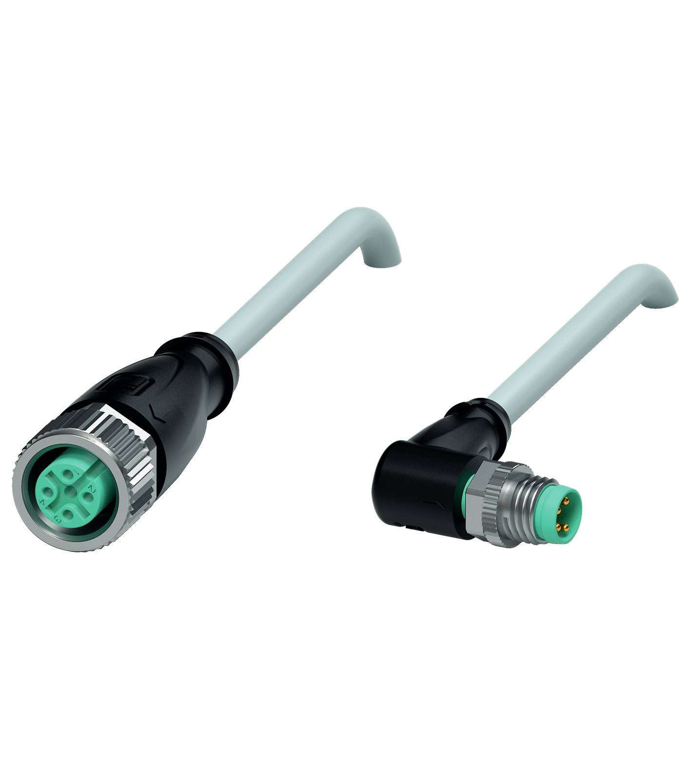 Zwei schwarze und grüne Stecker mit abgewinkelten Kabeln auf weißem Hintergrund, für industrielle Anwendungen geeignet.