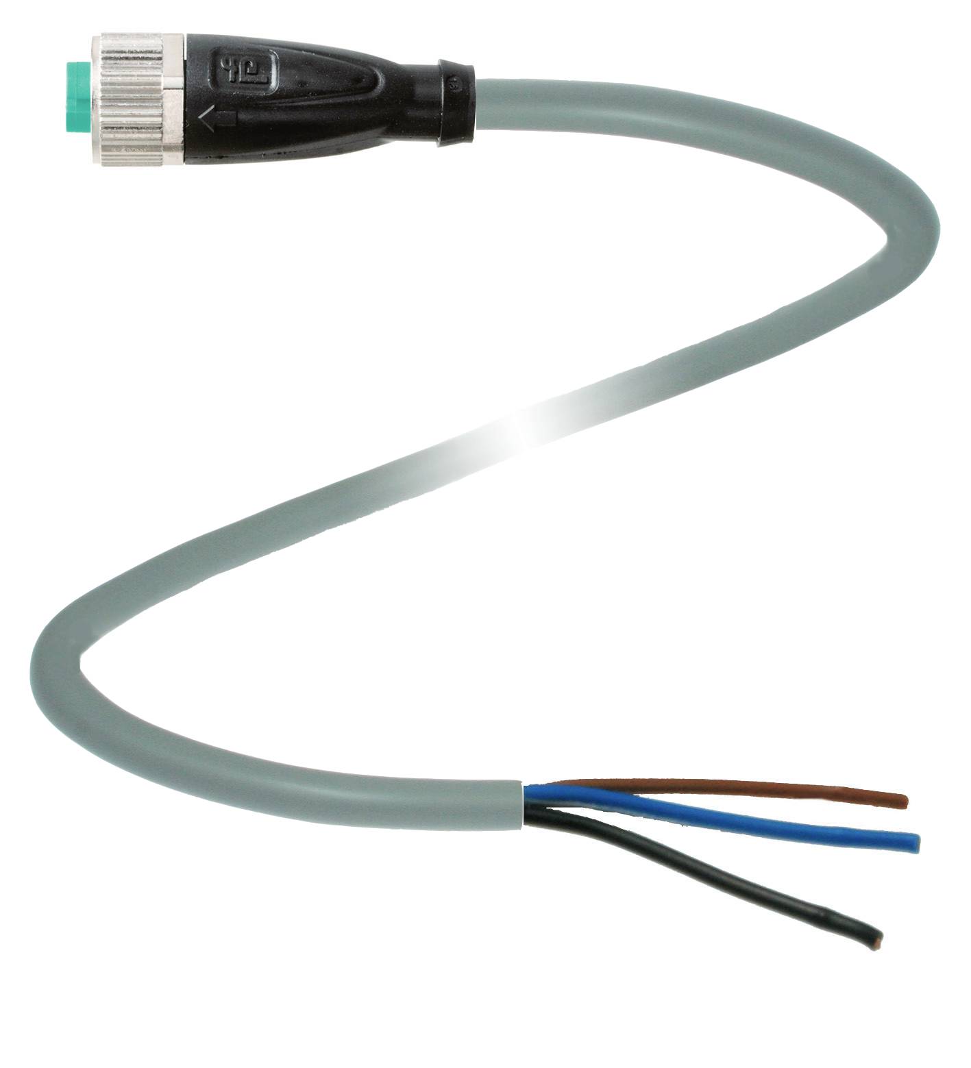 Abgeschirmtes Anschlusskabel mit Stecker oben und drei freiliegenden Drähten unten: grün, braun, blau.