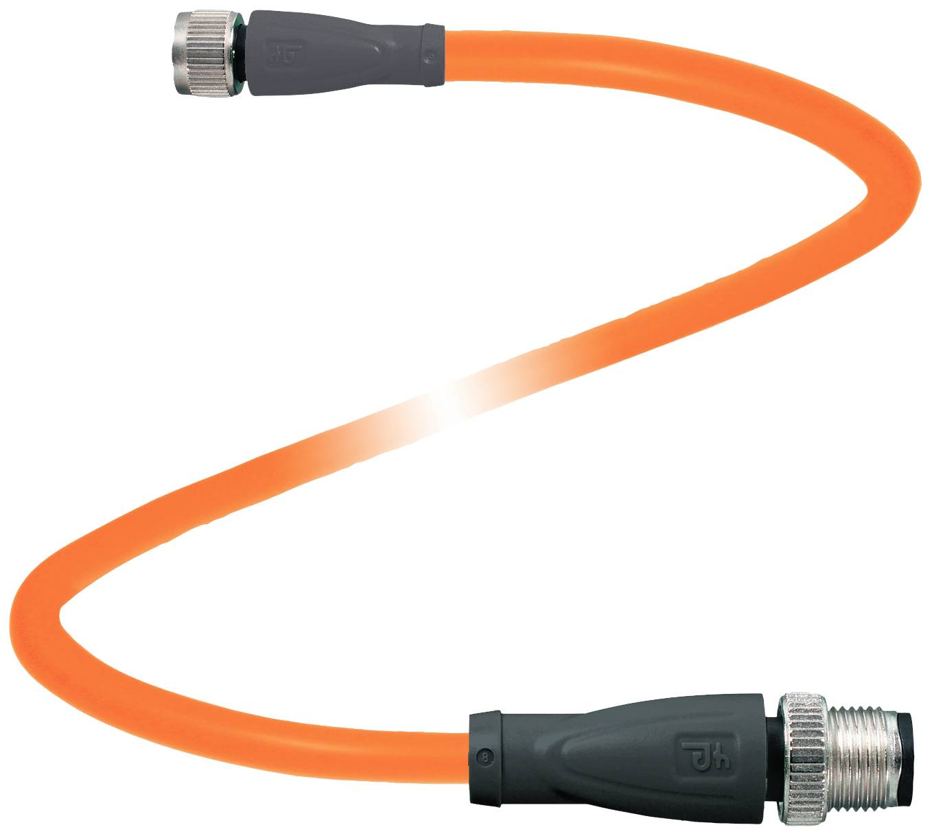 Ein flexibler, orangefarbener Schlauch mit Metallanschlüssen an beiden Enden. Der Schlauch ist leicht gewellt.