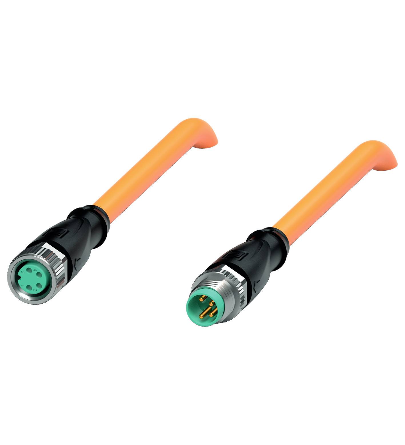 Steckverbindung: Zwei orangefarbene Industrie-Steckverbinder mit schwarzer Ummantelung und metallischen Enden, männlich und weiblich.
