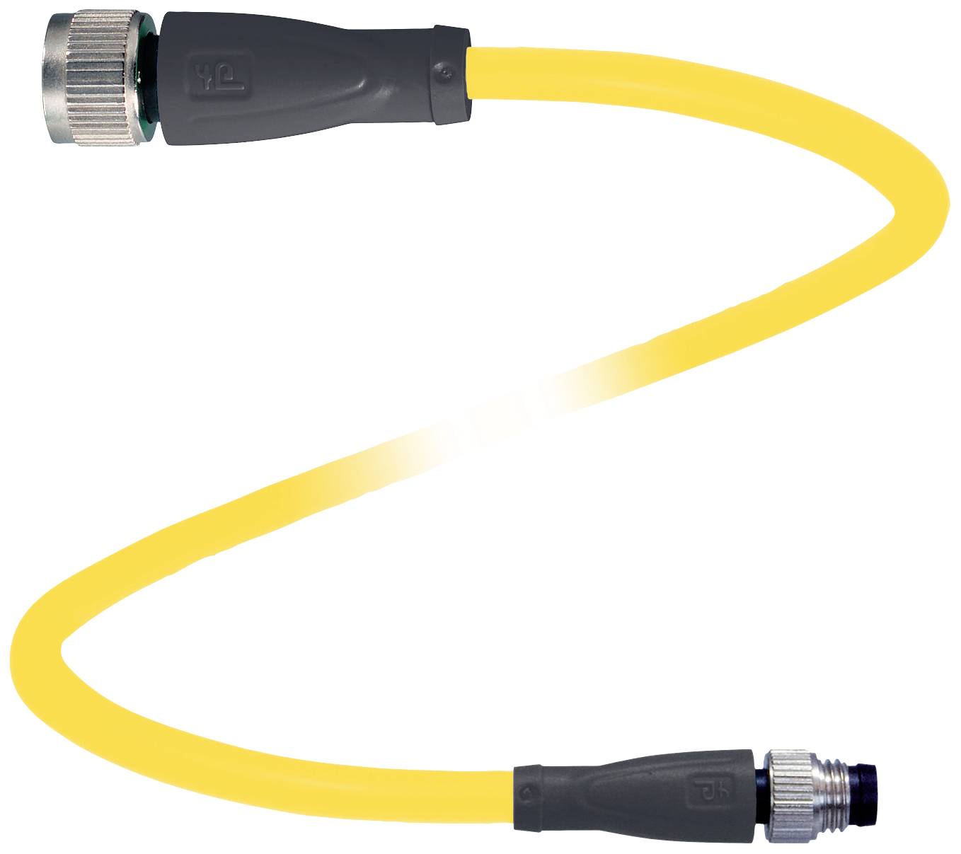 Gelber flexibler Schlauch mit schwarzen Anschlüssen und Metallgewinden an beiden Enden, vor weißem Hintergrund.
