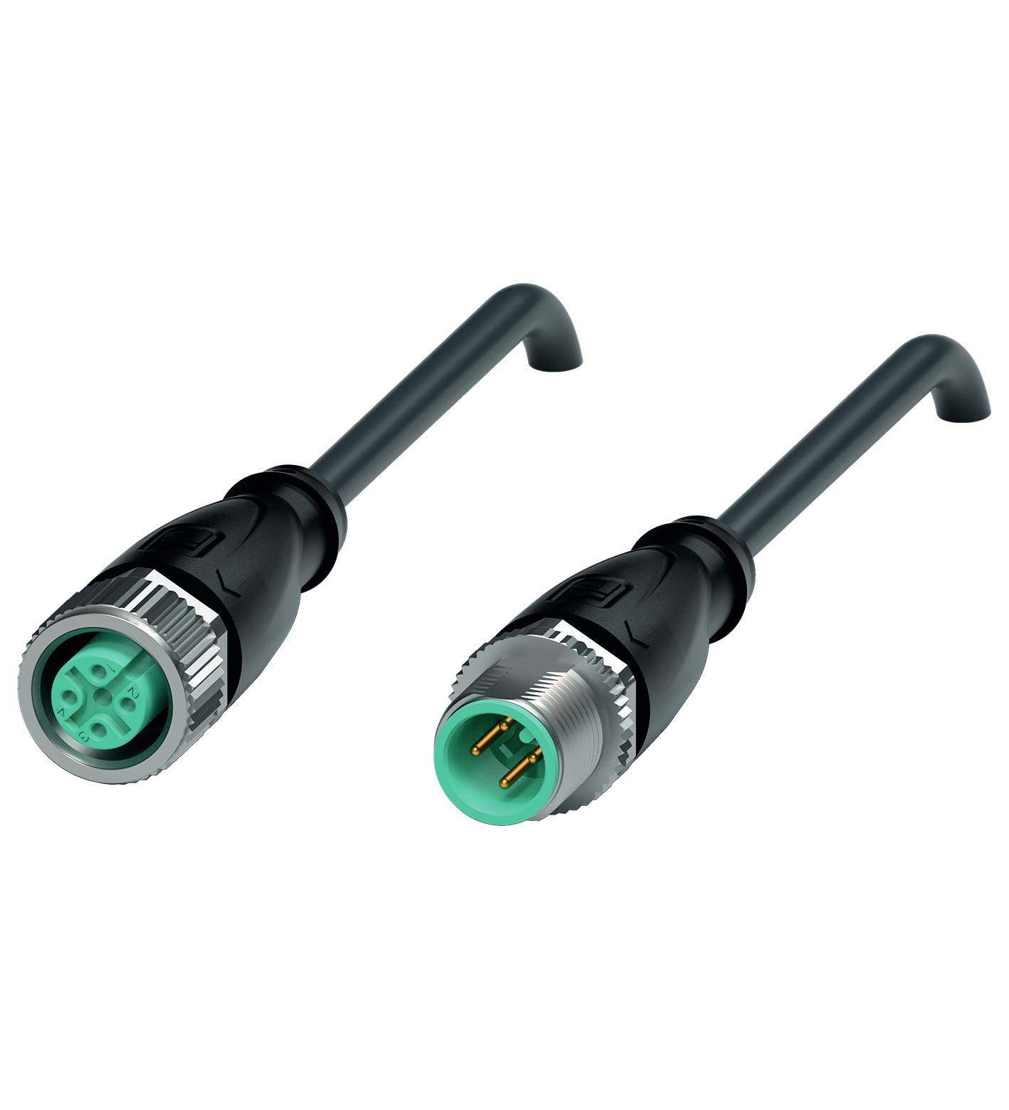 Zwei schwarze Steckverbinder mit grünen Kontaktflächen. Der linke Stecker hat vier Löcher, der rechte Stecker hat zwei Stifte.