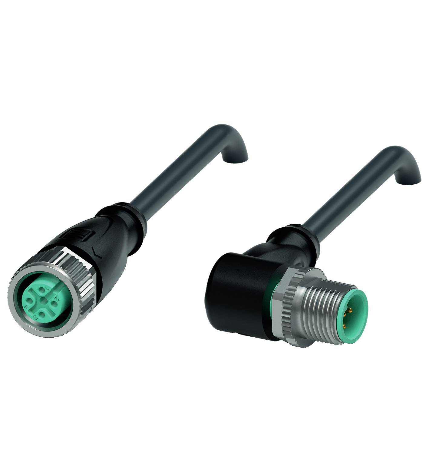 Kabelverbinder mit 3-poligen Steckern: Links ein weiblicher Stecker, rechts ein männlicher Stecker, beide in Schwarz und Silber.