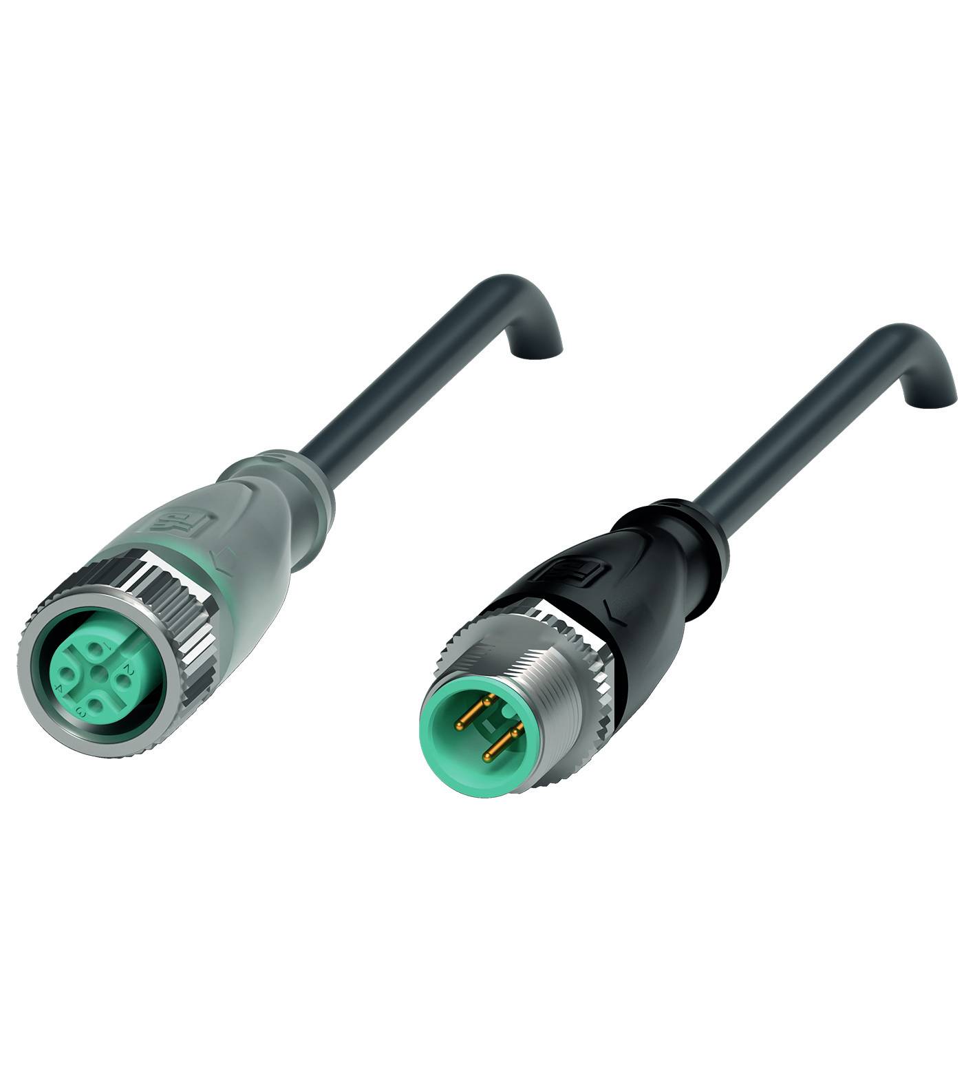 Zwei Kabelstecker: links ein grauer Steckverbinder mit vier Löchern und rechts ein schwarzer Steckverbinder mit zwei Pins.