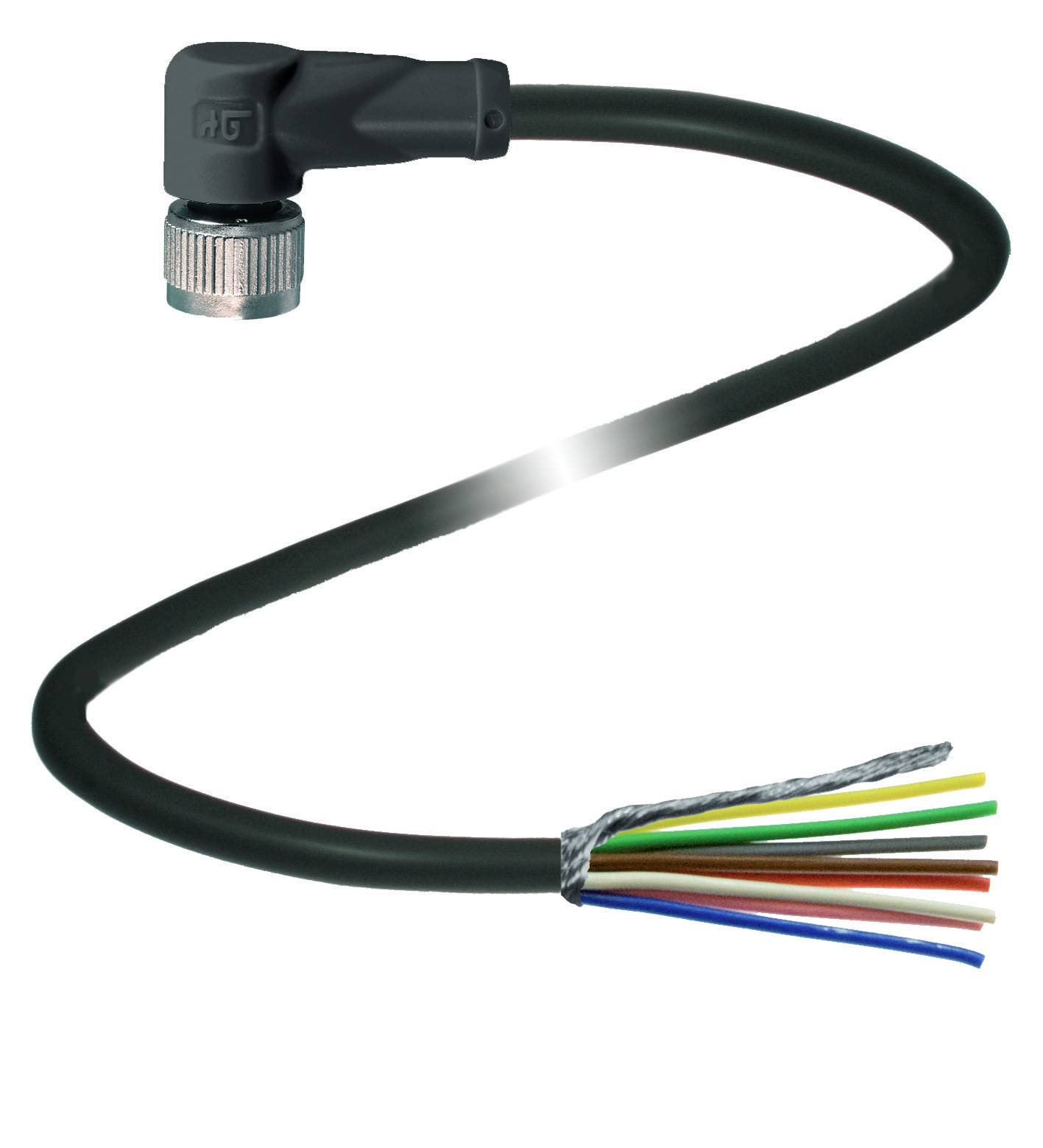 Schwarzes Kabel mit abisolierten farbigen Drähten an einem Ende und einem rechtwinkligen Stecker am anderen Ende.