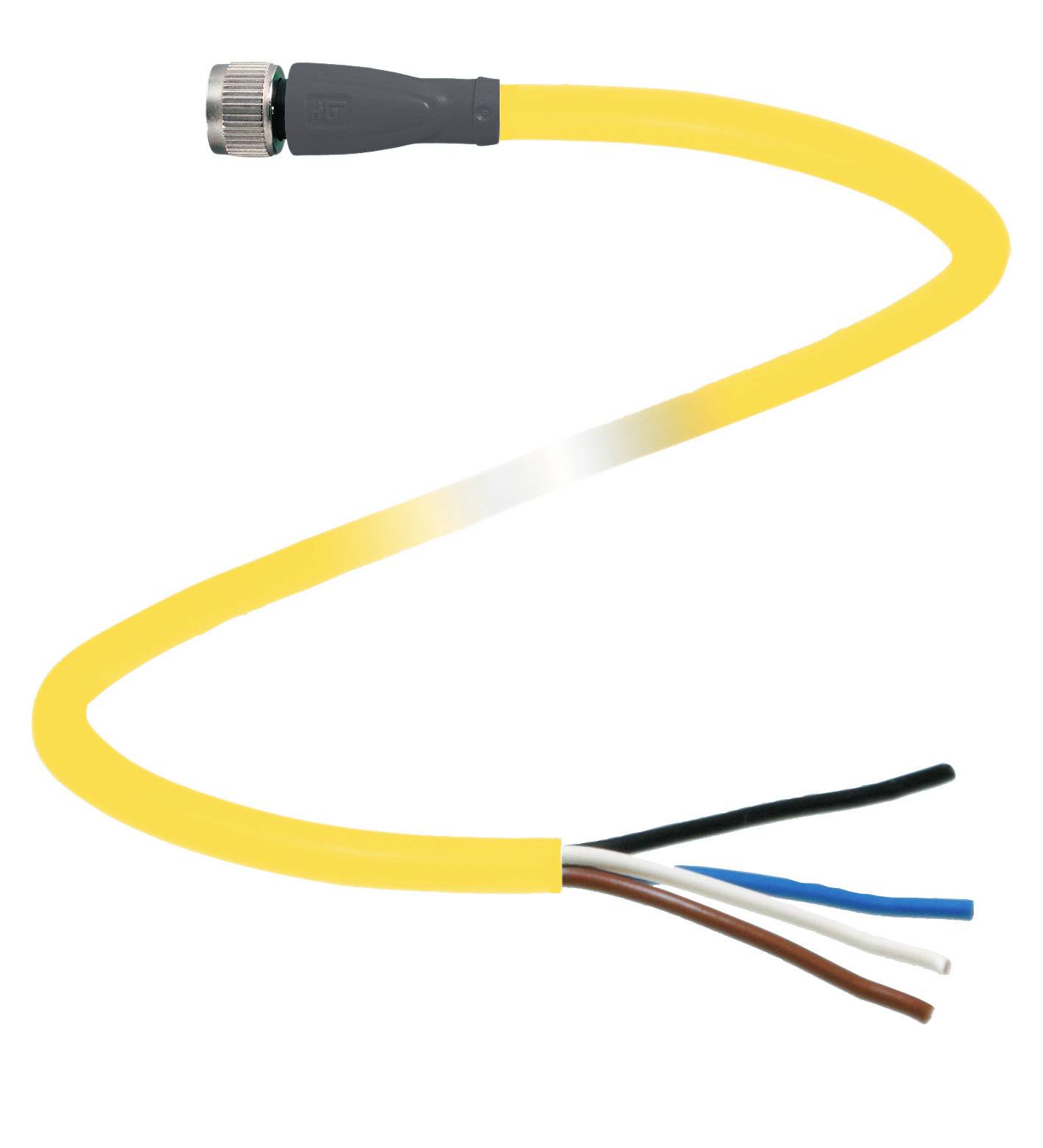 Ein gelbes Kabel mit einem Stecker oben und offenen Enden in den Farben schwarz, weiß, blau und braun unten.
