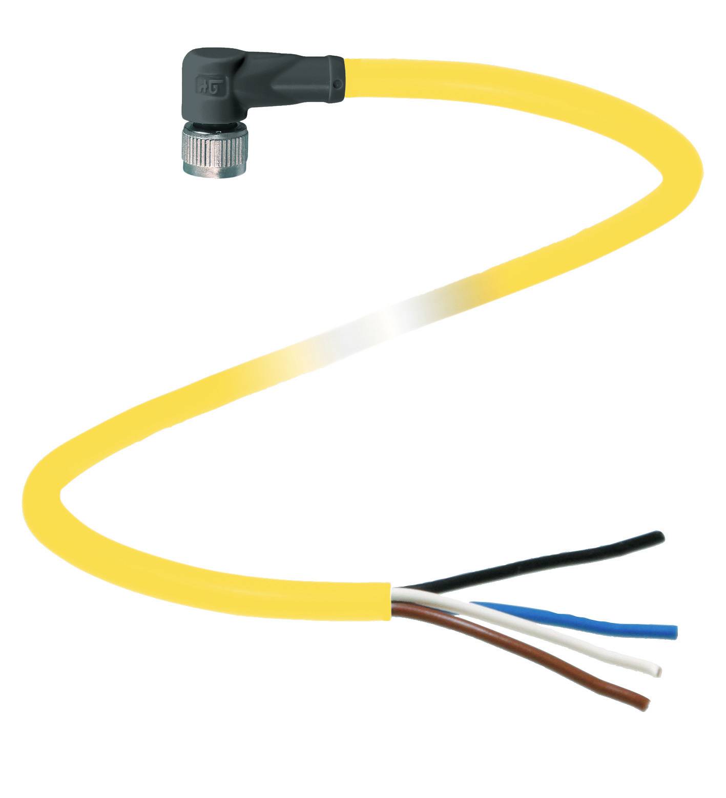 Gelbes Kabel mit schwarzem Stecker oben und vier freiliegenden Drähten unten in den Farben Schwarz, Weiß, Blau und Braun.