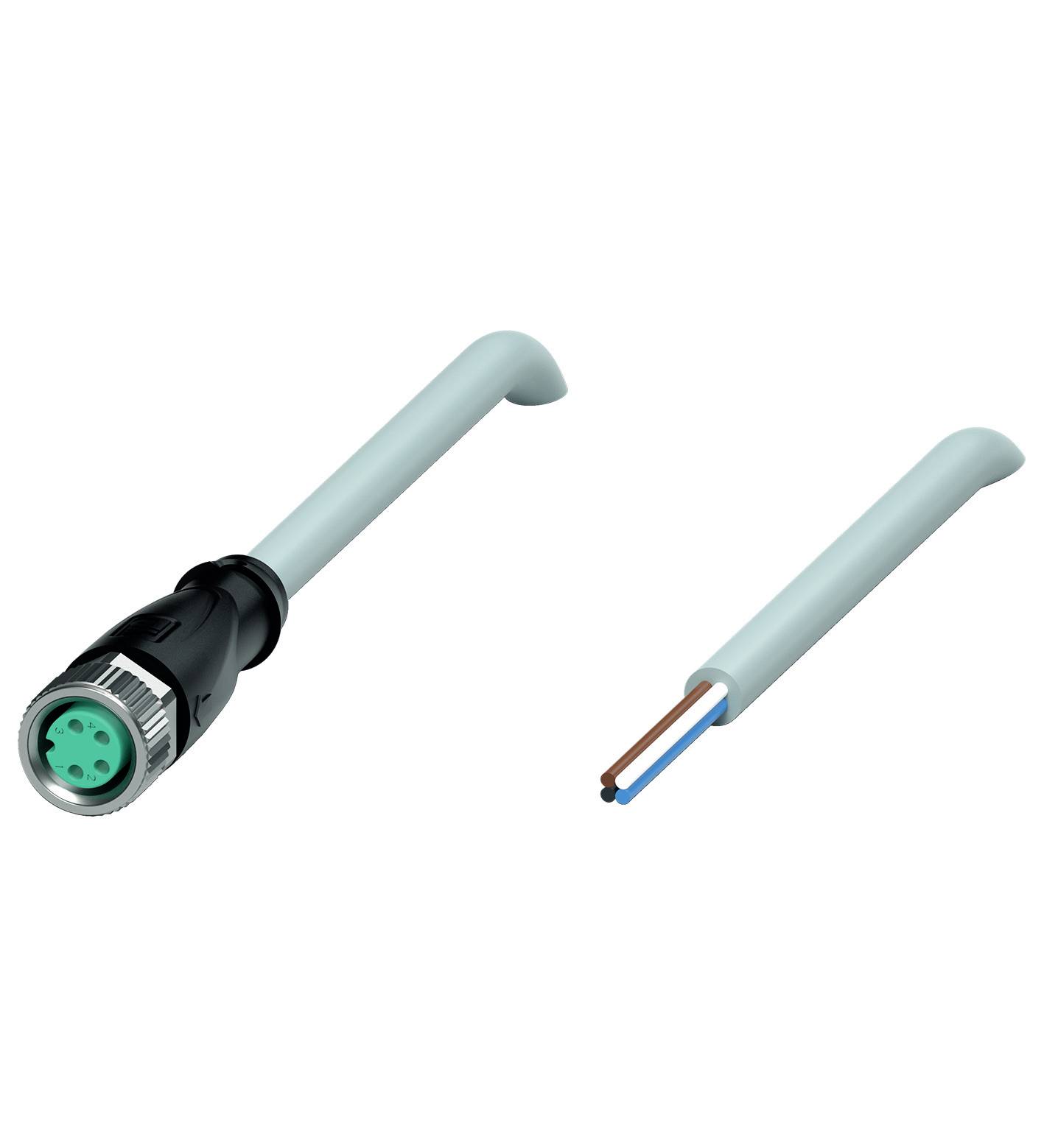 Zwei Kabel: links ein vierpoliger Stecker mit schwarzem Gehäuse und grünem Innenleben, rechts ein offenes Kabelende mit braunem und blauem Draht.