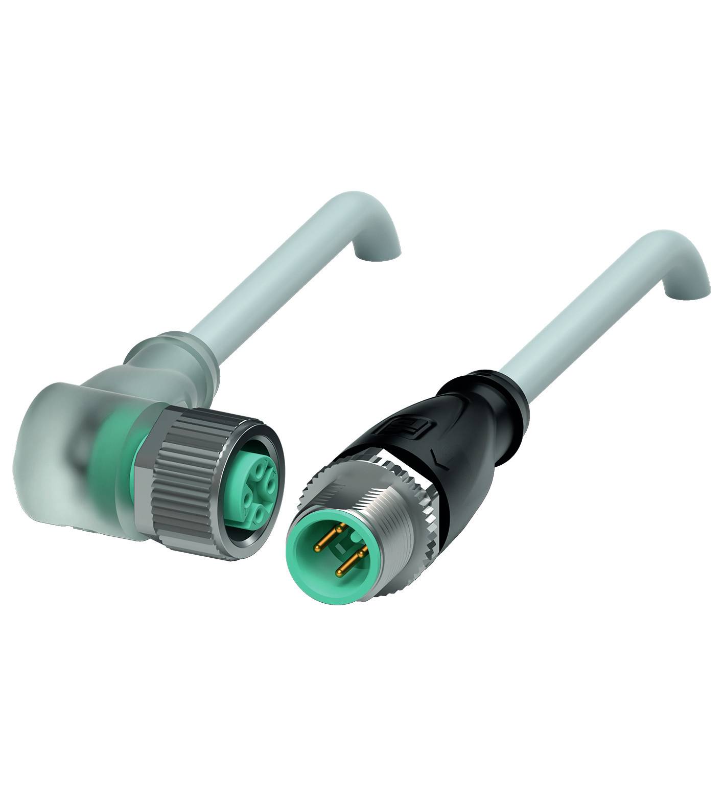 Zwei Steckverbinder mit abgewinkelten Kabeln. Der eine ist grün und schwarz, der andere ist transparent mit grünen Elementen.