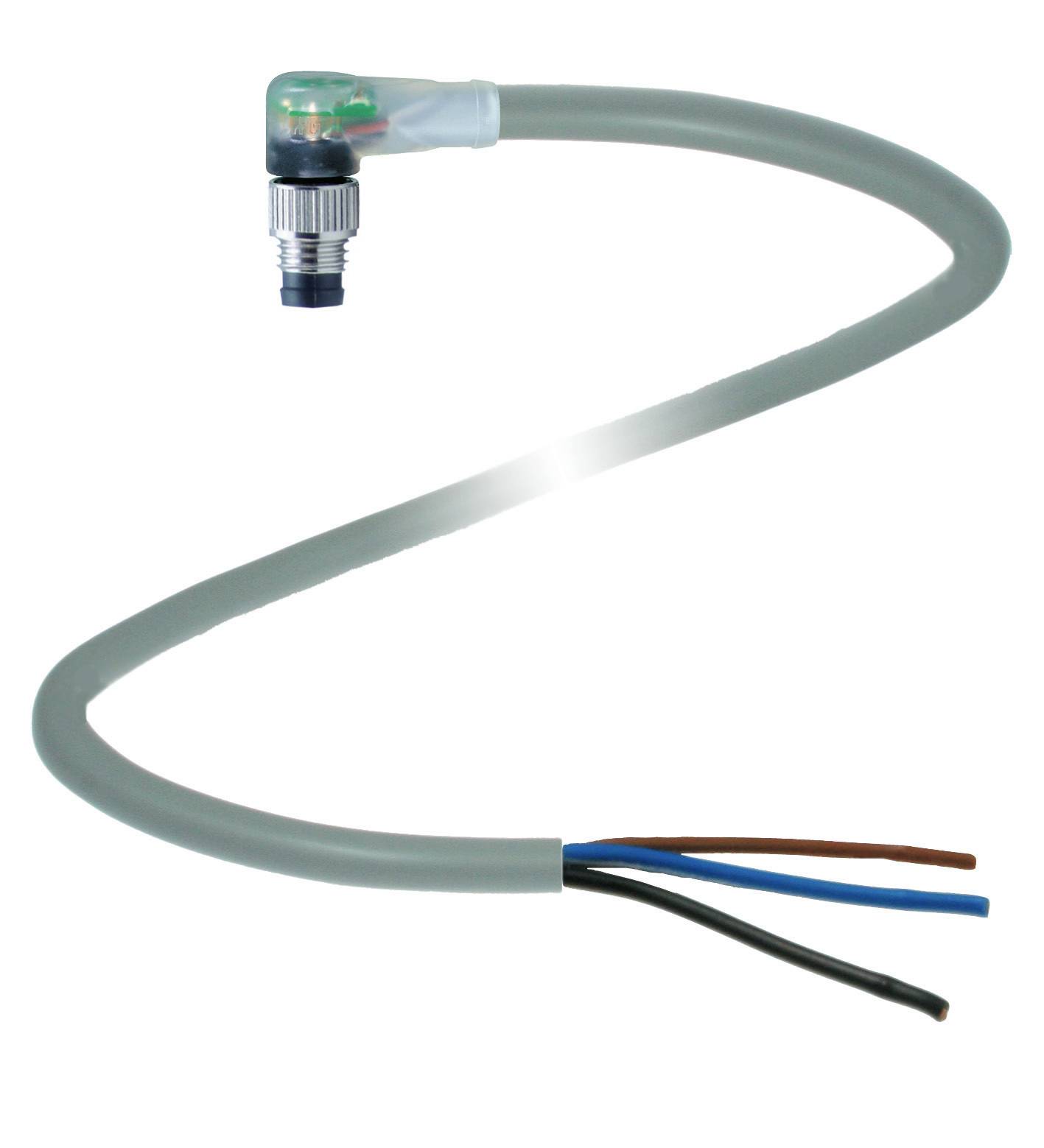 Ein graues Kabel mit einem angewinkelten Stecker an einem Ende und drei freiliegenden Drähten in Blau, Schwarz und Braun am anderen Ende.
