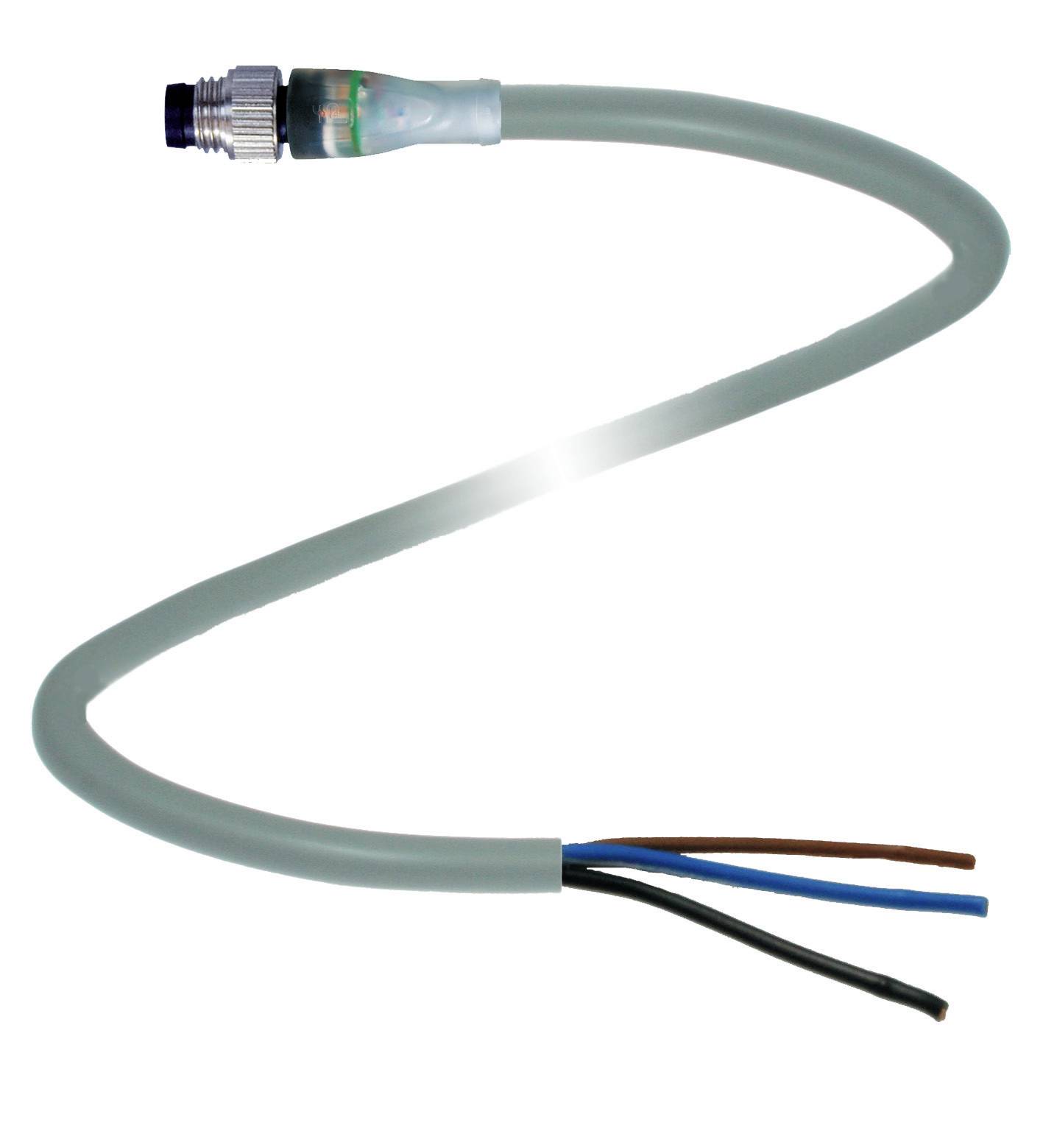 Ein graues Kabel mit einem silbernen Stecker auf der einen Seite und drei offene Kabelenden in Schwarz, Blau und Braun auf der anderen Seite.