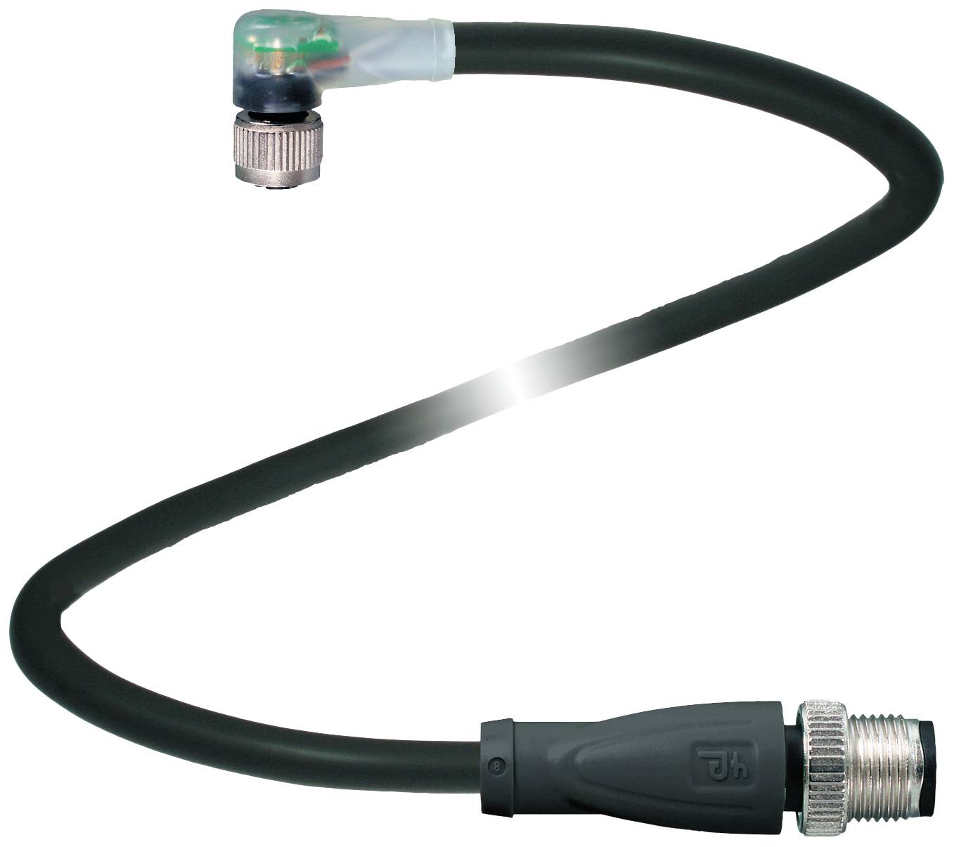 Ein schwarzes, gewundenes Kabel mit Anschlüssen an beiden Enden. Links befindet sich ein Winkelstecker, rechts ein gerader Stecker.