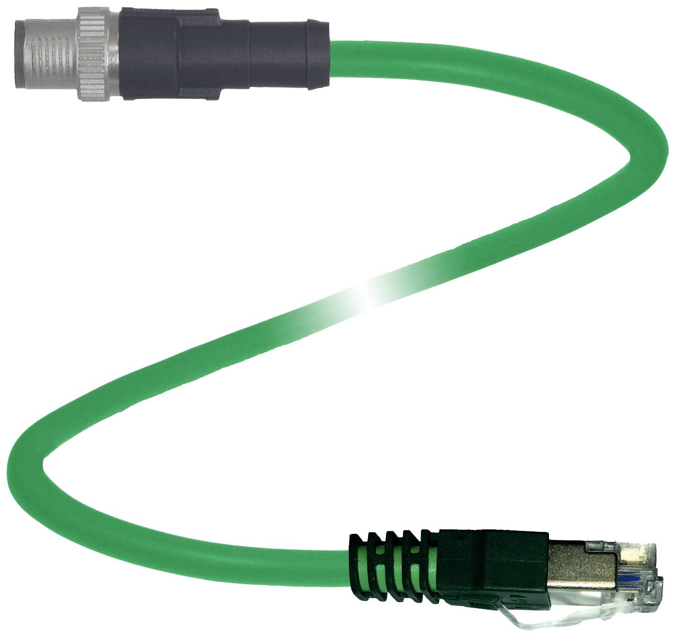 Grünes Netzwerkkabel mit einem M12-Stecker links und einem RJ-45-Stecker rechts. Verwendet zur Datenübertragung.