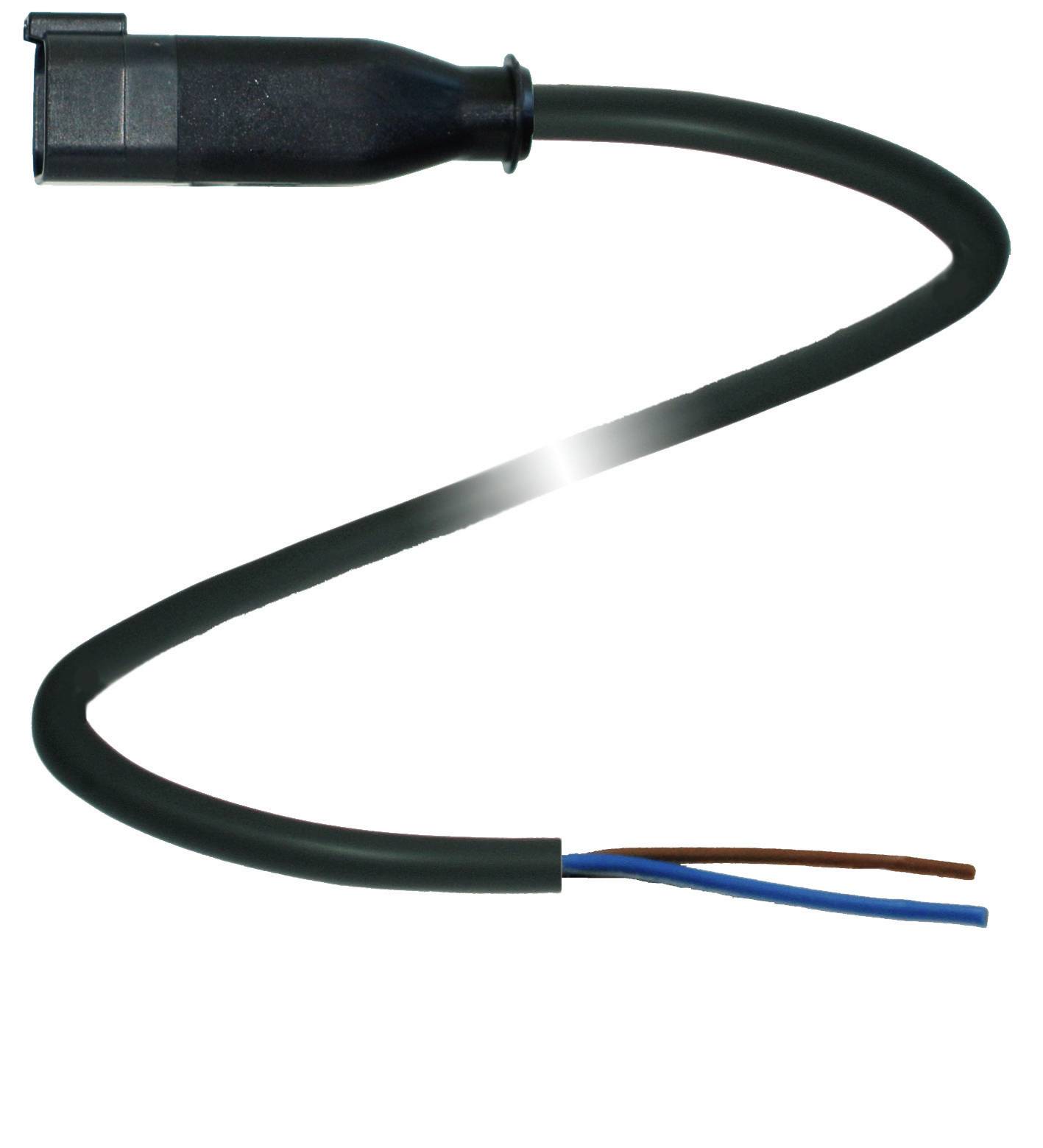 Ein schwarzes elektrisches Kabel mit einer Kunststoffummantelung und zwei freiliegenden Kupferdrähten, blau und braun.