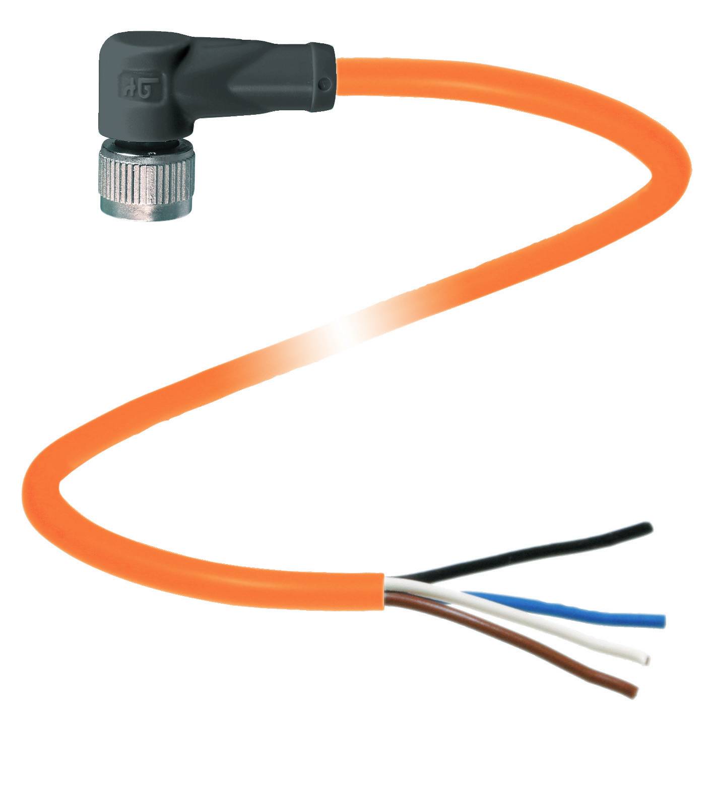 Ein orangefarbenes Kabel mit einem gewinkelten Stecker an einem Ende und offenen Drahtenden (schwarz, braun, blau, weiß) am anderen Ende.