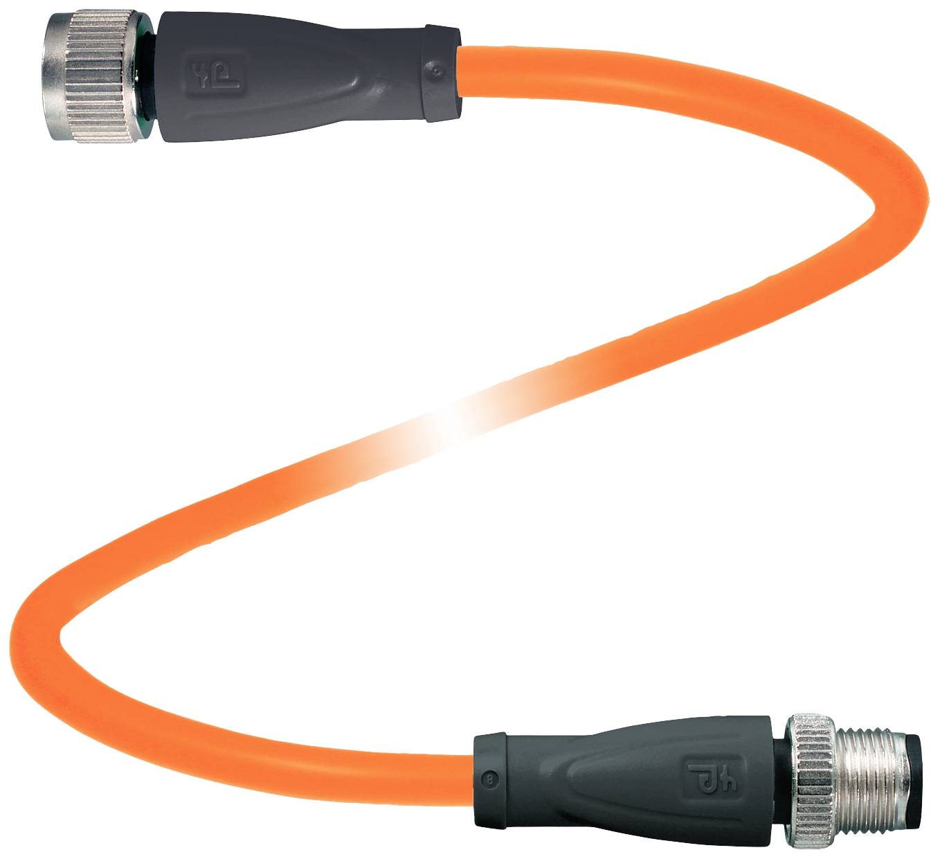 Ein orangefarbenes, flexibles Verbindungskabel mit grauen Anschlüssen an beiden Enden.