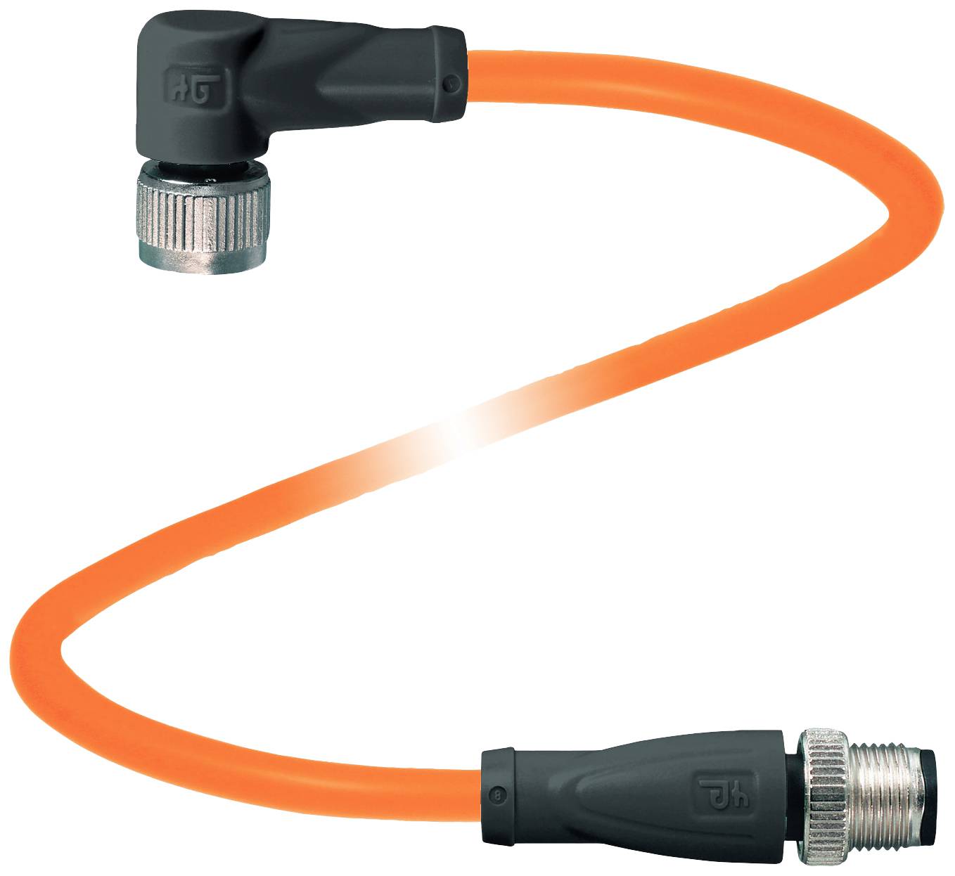 Ein orangefarbenes Kabel mit schwarzen Steckern an beiden Enden, eines davon im rechten Winkel gebogen.