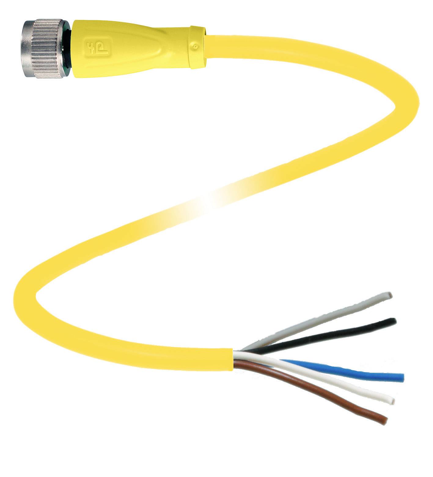 Gelbes Kabel mit metallischem Anschlussstecker an einem Ende, vier lose Drähte in den Farben Weiß, Schwarz, Braun und Blau am anderen Ende.