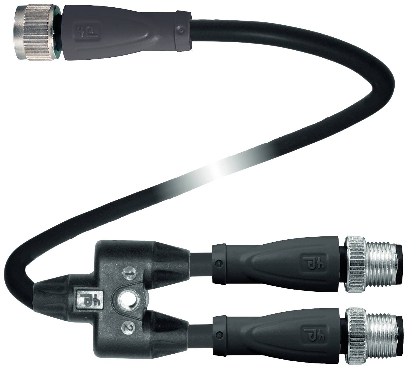 Kabel mit einem M8-Stecker und zwei M8-Buchsen in Y-Form. Geeignet für den Anschluss von Sensoren oder Aktoren in der Automatisierungstechnik.