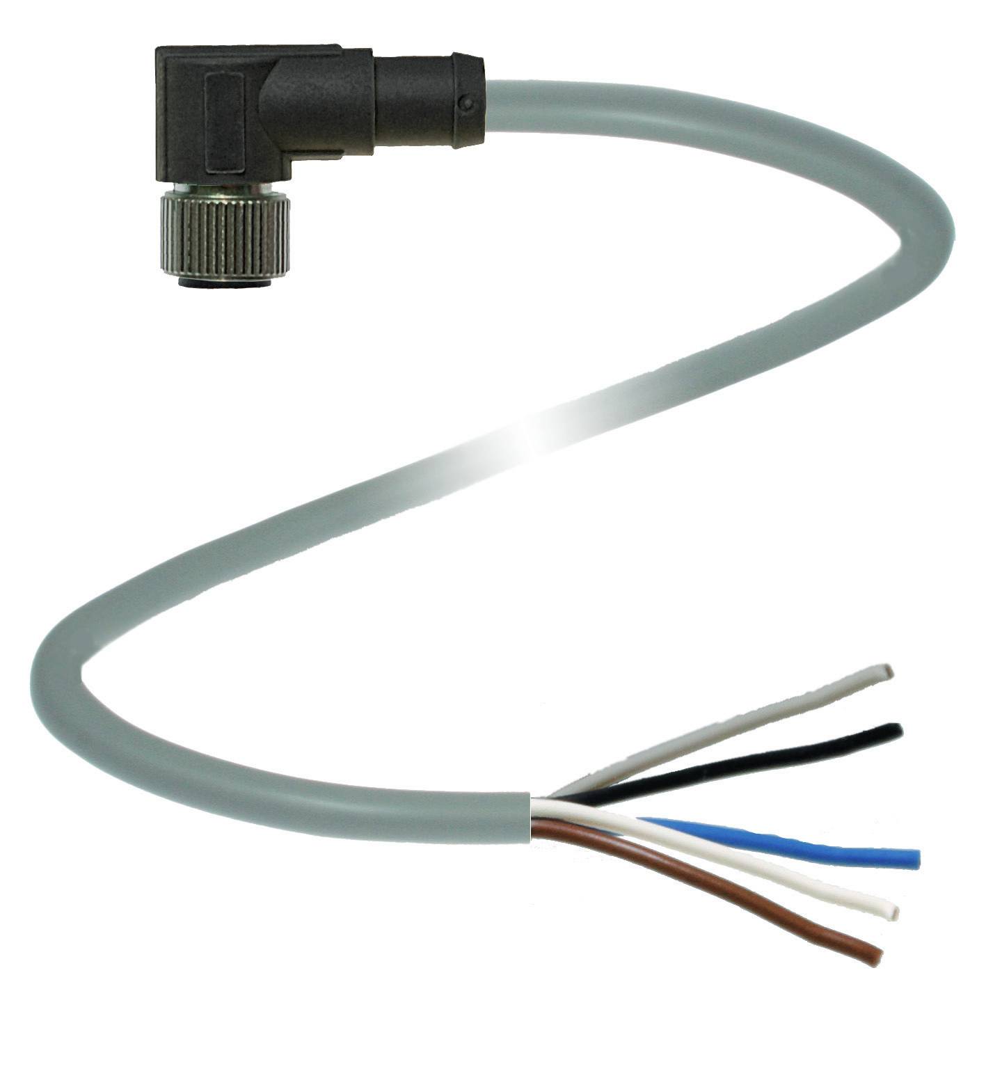 Graues Kabel mit einem schwarzen, abgewinkelten Stecker an einem Ende und fünf freiliegenden, farbcodierten Drähten am anderen Ende.