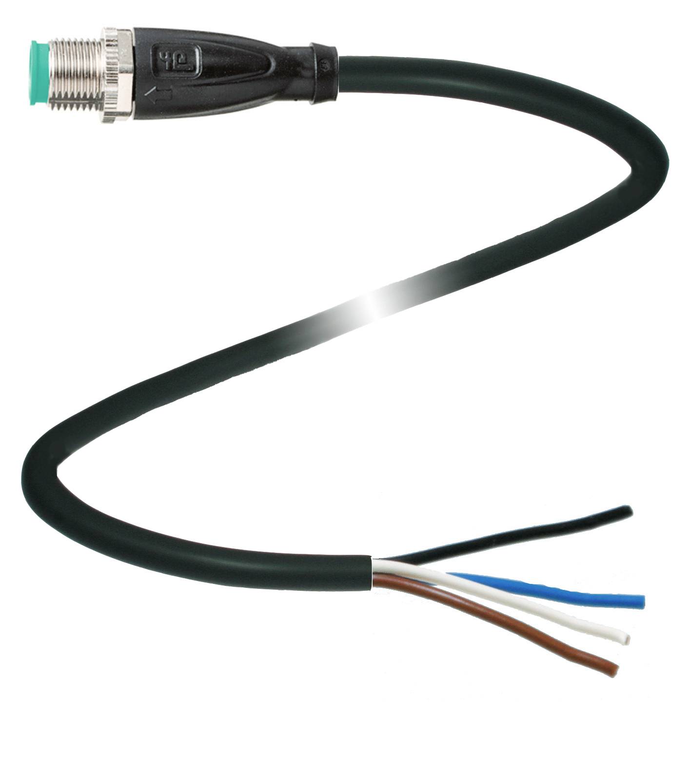 Ein schwarzes Kabel mit einem runden Stecker auf der einen Seite und vier freiliegenden farbigen Kabeladern (weiß, braun, blau, schwarz) auf der anderen Seite.