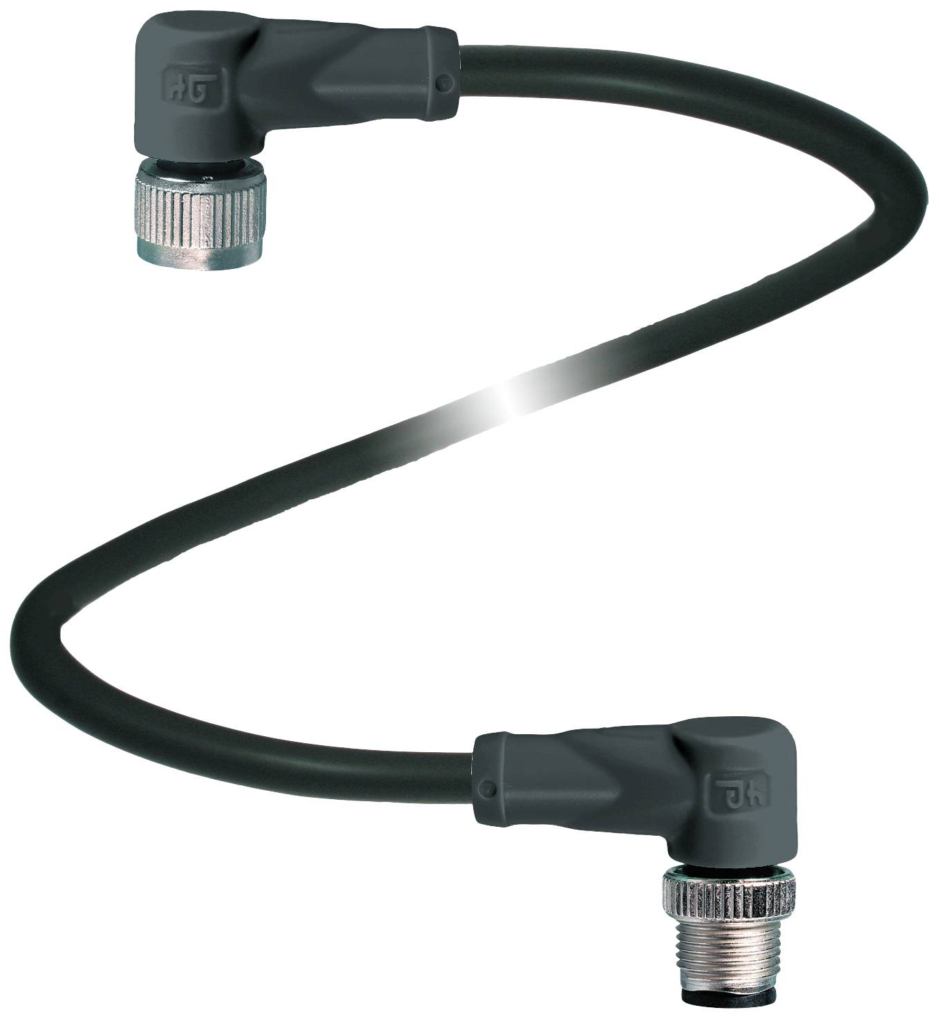 Schwarzes, flexibles Kabel mit zwei Winkeln, an jedem Ende ein Metallanschluss.