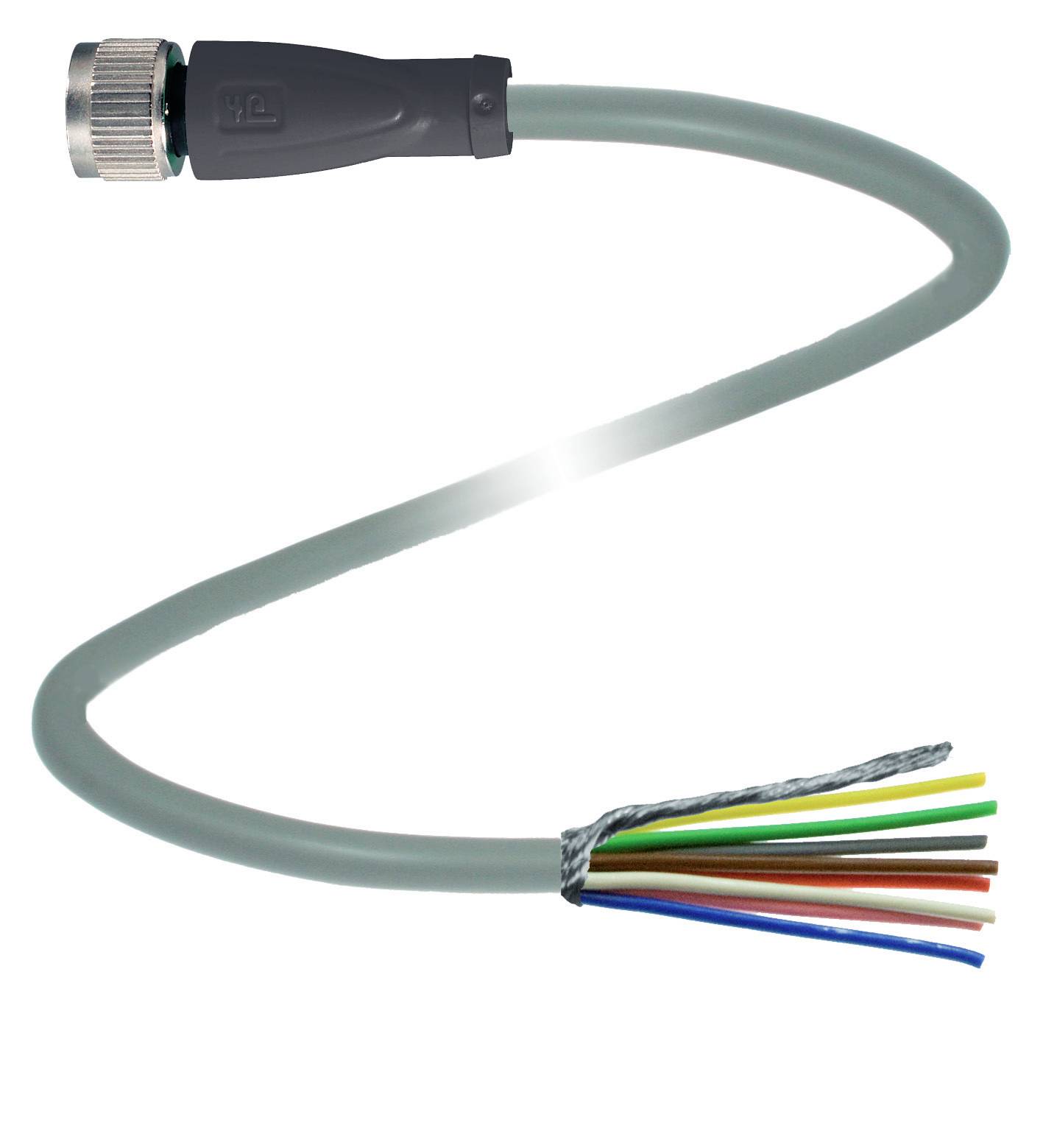 Ein graues Kabel mit einem Stecker an einem Ende und freiliegenden, farbigen Drähten am anderen.