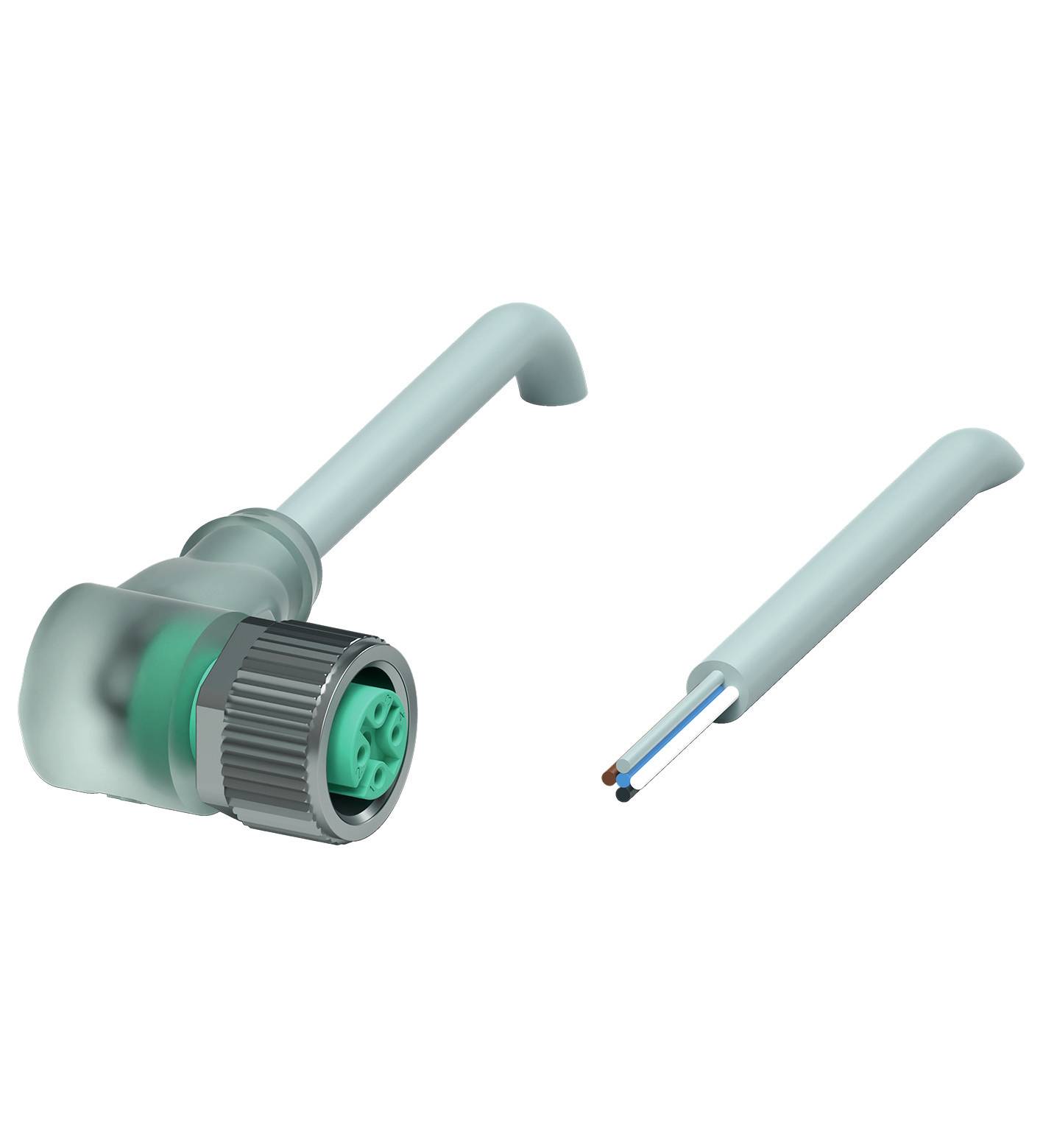 Steckverbindung mit abnehmbarem Kabel, graues Kunststoffgehäuse, zeigt interne Kupferkabeldrähte.