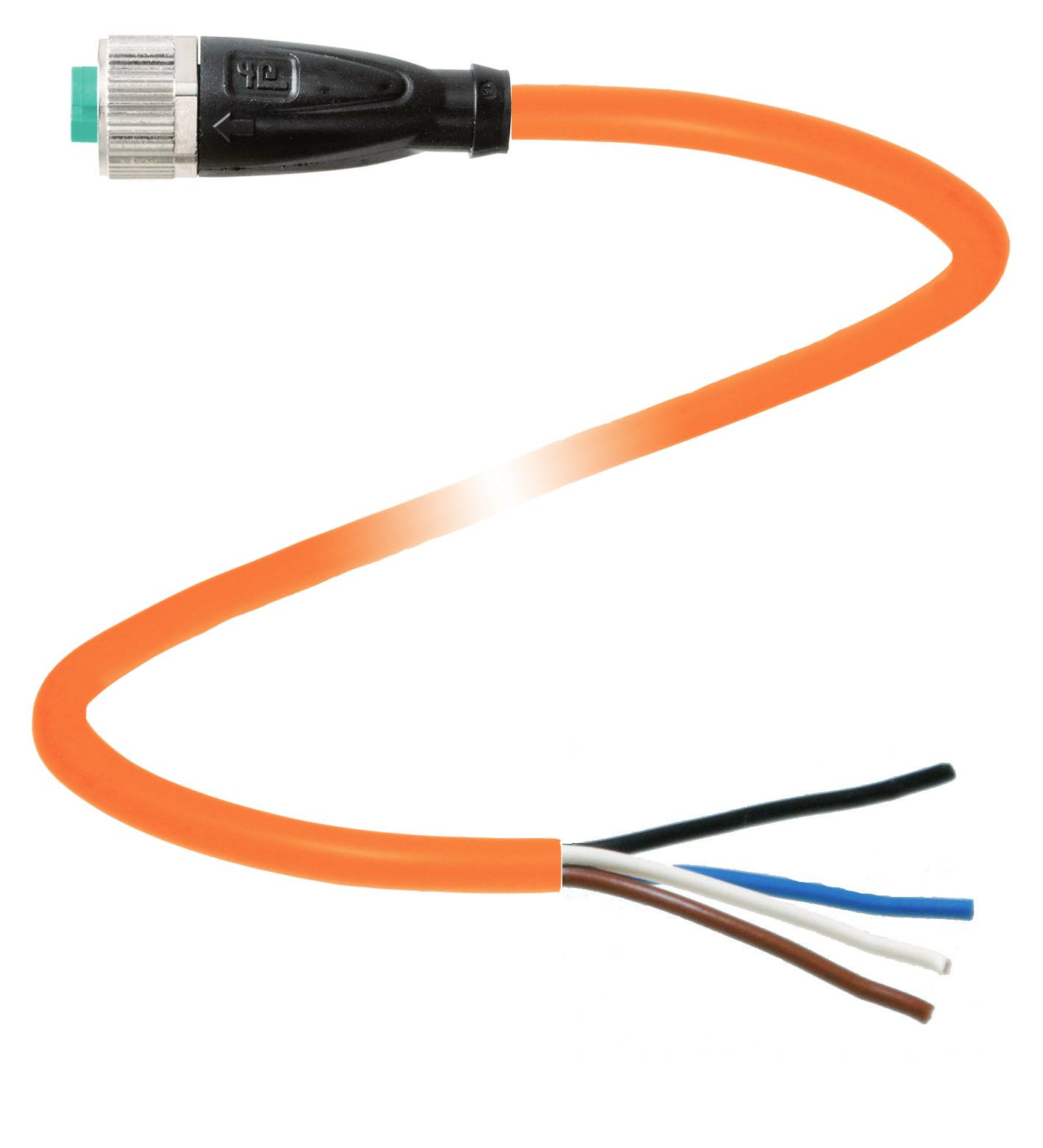 Ein orangefarbenes Kabel mit einem schwarzen Stecker an einem Ende und offenen Drähten in verschiedenen Farben am anderen Ende.