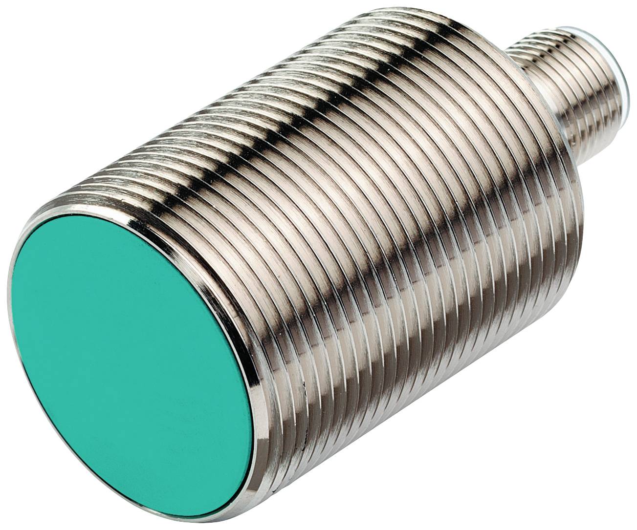 Ein zylindrischer, metallischer Sensor mit geriffelter Oberfläche und grünem Kopf. Er dient zur Erfassung von Objekten in der Nähe.