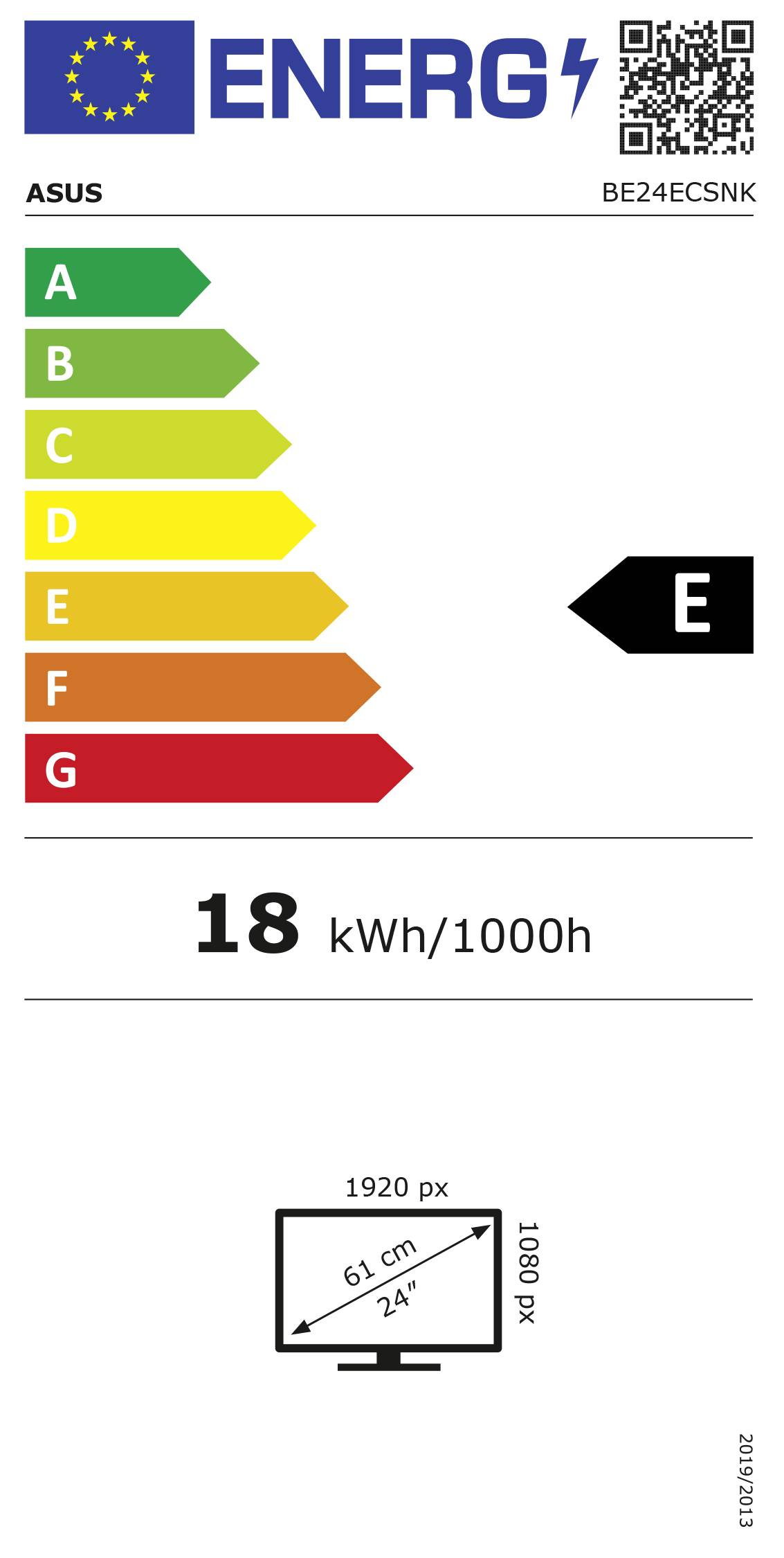 EU-Energielabel für ASUS BE24ECSNK Monitor: Energieeffizienzklasse E, 18 kWh/1000h. Displaygröße: 24 Zoll, Auflösung: 1920x1080 Pixel.