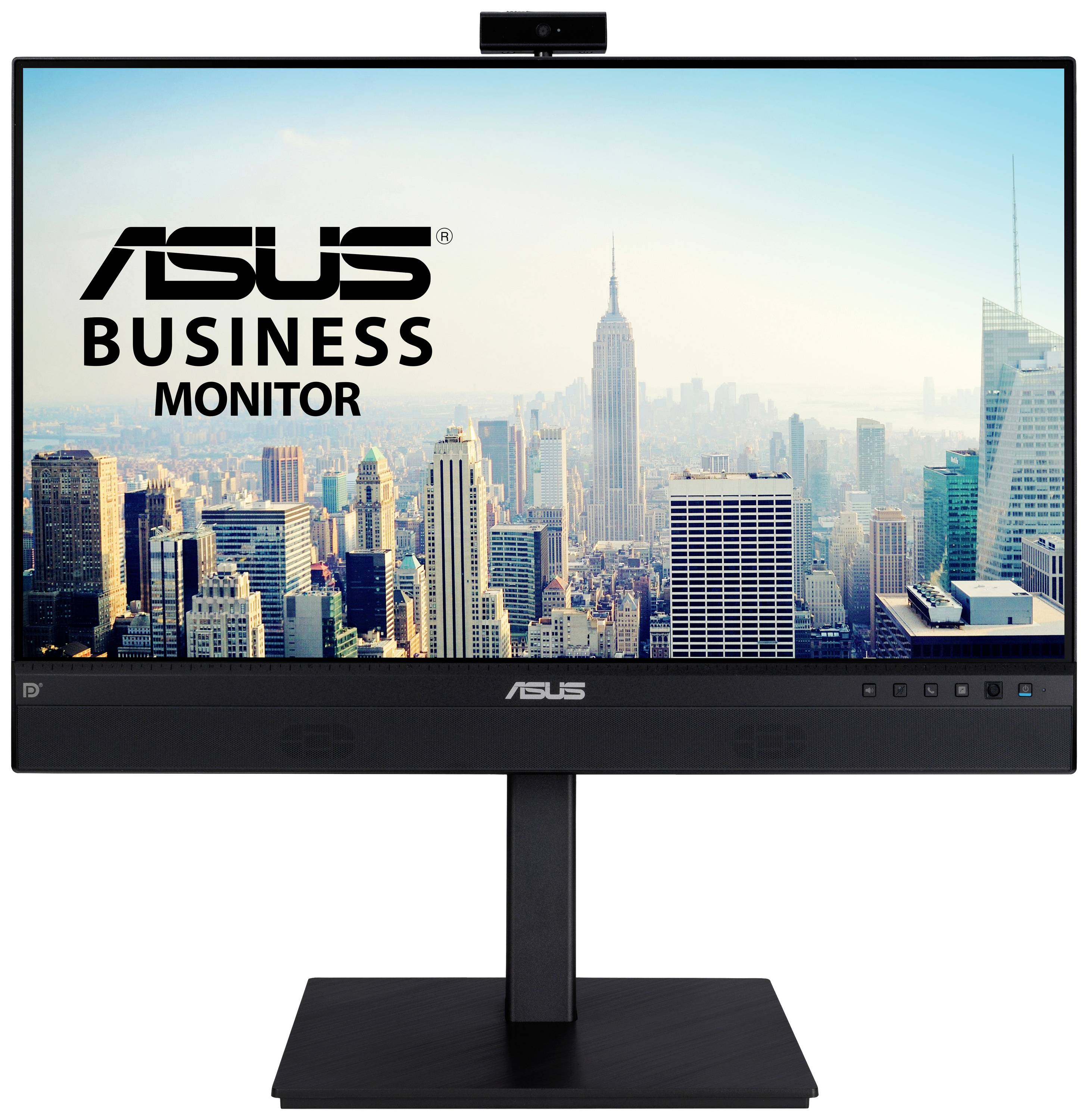 Ein ASUS Business-Monitor zeigt eine Stadtansicht mit Wolkenkratzern im Hintergrund, geeignet für professionelle Büroumgebungen.